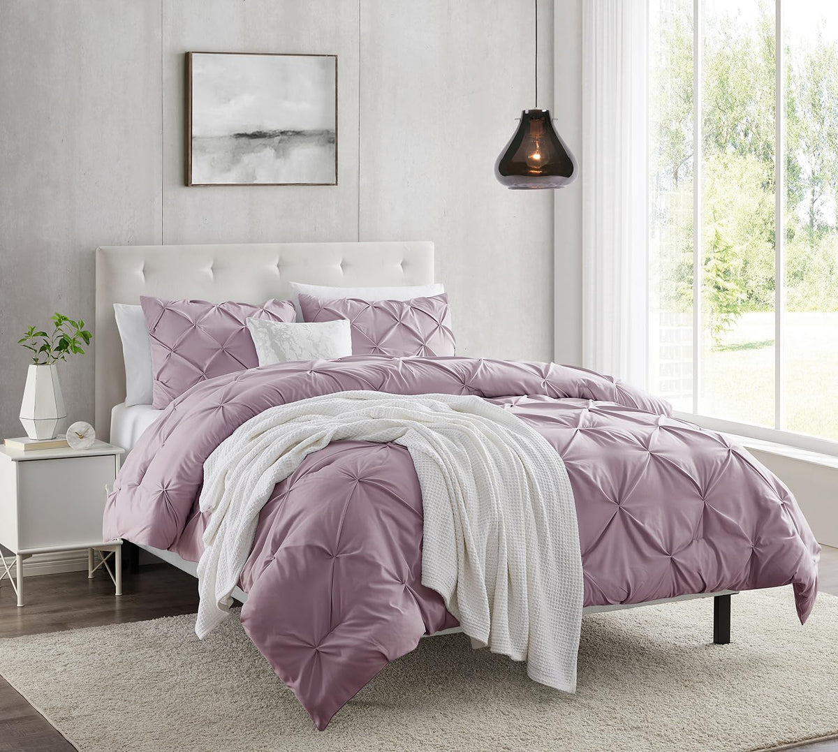 Nestl Dusty Purple Duvet Cover King Size - Pintuck King Duvet Cover Set, 3 Piece Double Brushed Duvet Cover With Button Closure,
