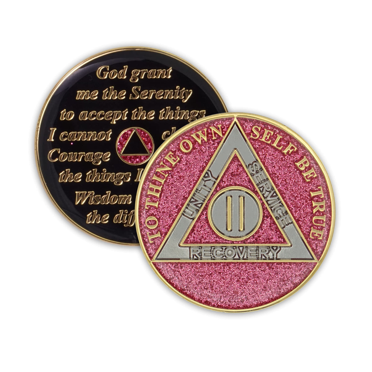 2 Year Sobriety Coin | Glitter Triplate Aa Chip Recovery Anniversary Token (Pink)