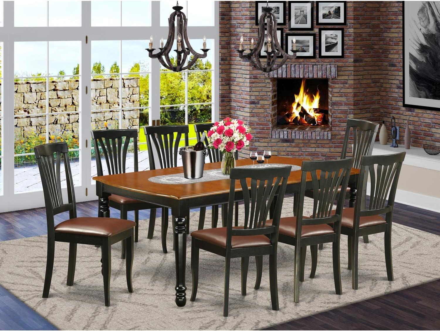 East West Furniture DOAV9-BCH-LC 9 Piece Dining Room Table Set Includes a Rectangle Wooden Table with Butterfly Leaf and 8 Faux Leather Kitchen Dining Chairs, 42x78 Inch, Black & Cherry