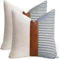 Tomwish Decorative Throw Pillowcovers 18X18 Set Of 2 Modern White And Navy Blue Striped Brown Artificial Leather Linen Patchwork