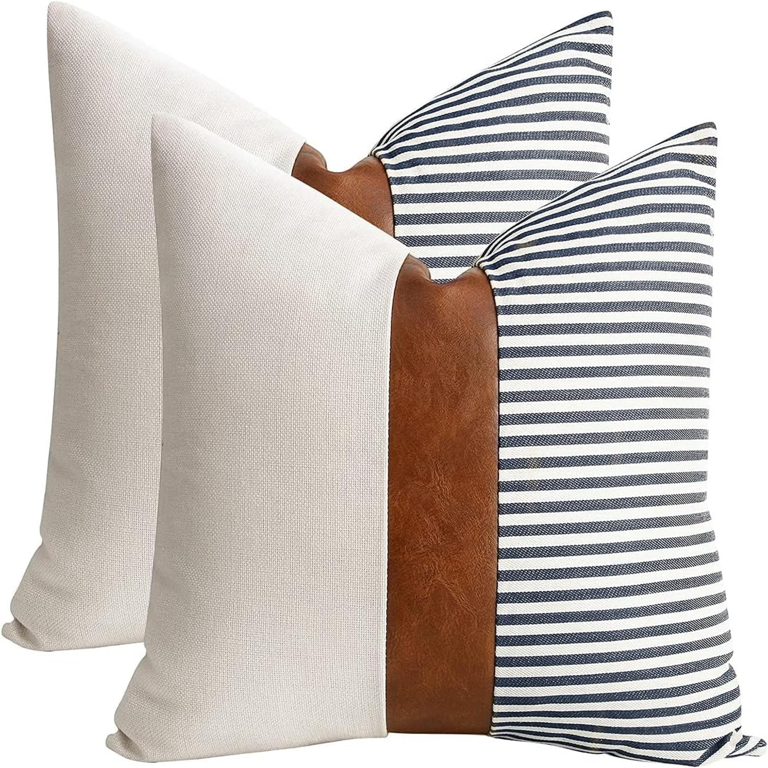 Tomwish Decorative Throw Pillowcovers 18X18 Set Of 2 Modern White And Navy Blue Striped Brown Artificial Leather Linen Patchwork