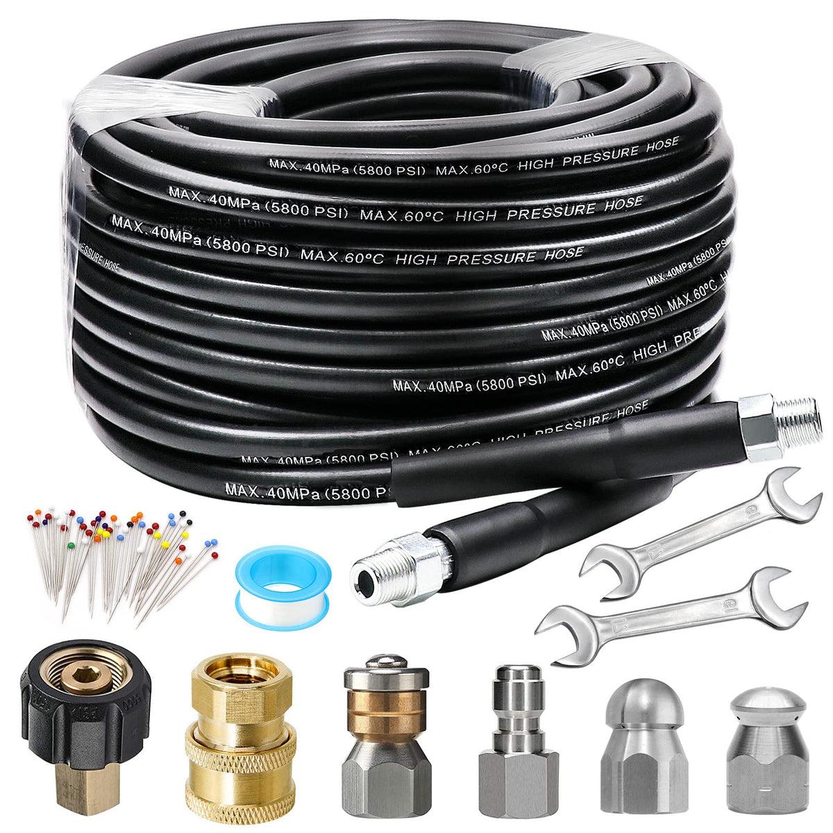 West Bay 70Ft Sewer Jetter Kit For Pressure Washer, 5800Psi Drain Cleaner Hose 1/4 Inch Npt, Corner, Rotating And Button Nose Se