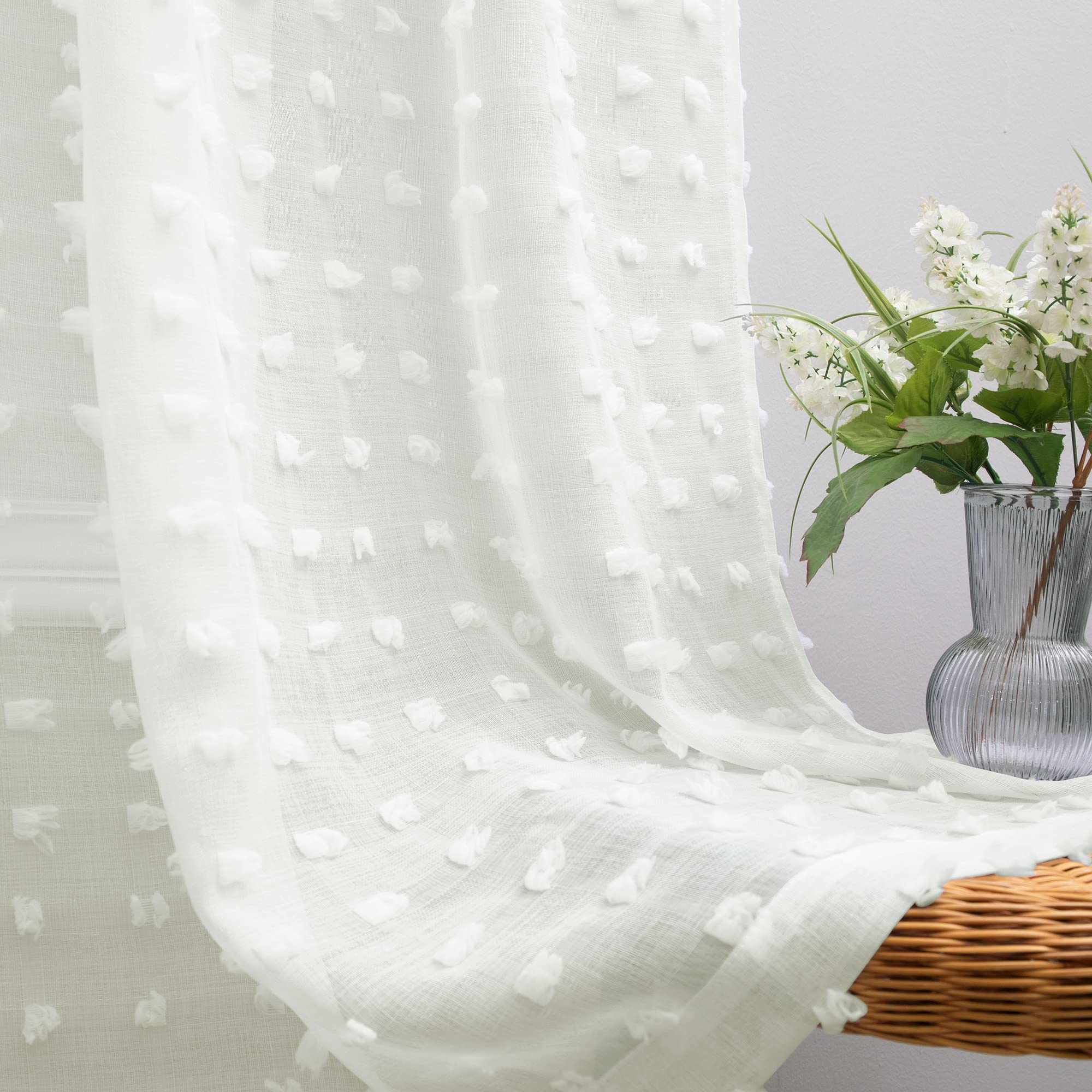 Koufall Cafe Curtains 45 Inch Length For Kitchen Window Rod Pocket Farmhouse Pom Pom Short Curtain Sheers For Bathroom Small Win