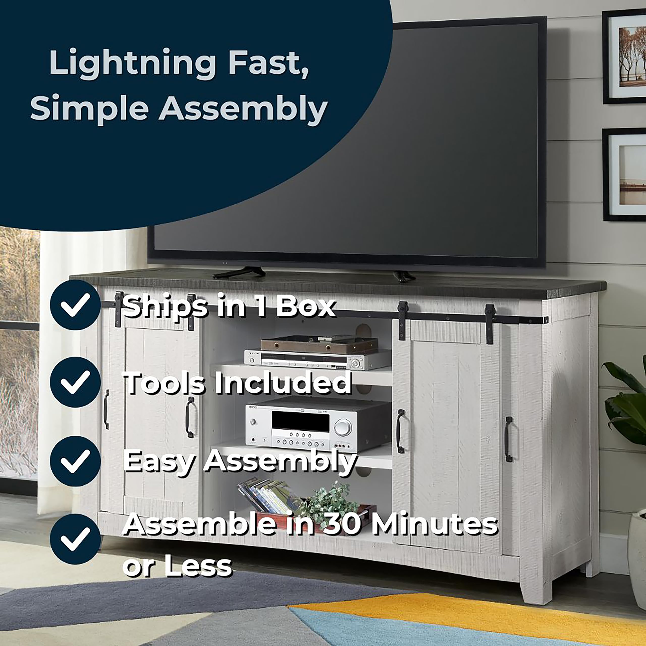 Martin Svensson Home Rustic 65” Solid Wood Tv Stand With Storage, White Stain With Grey Stain Top