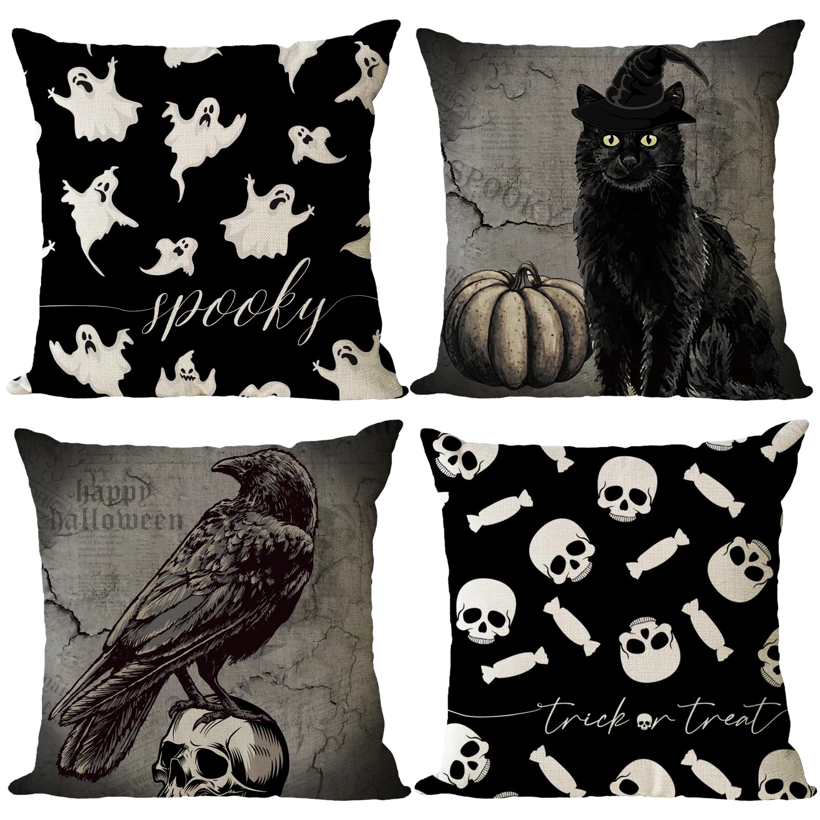 Yeeju Set Of 4 Halloween Pillow Covers 16X16 Inch Spooky Skull Ghost Decor Throw Pillow Covers Black Cat Crow Halloween Cushion