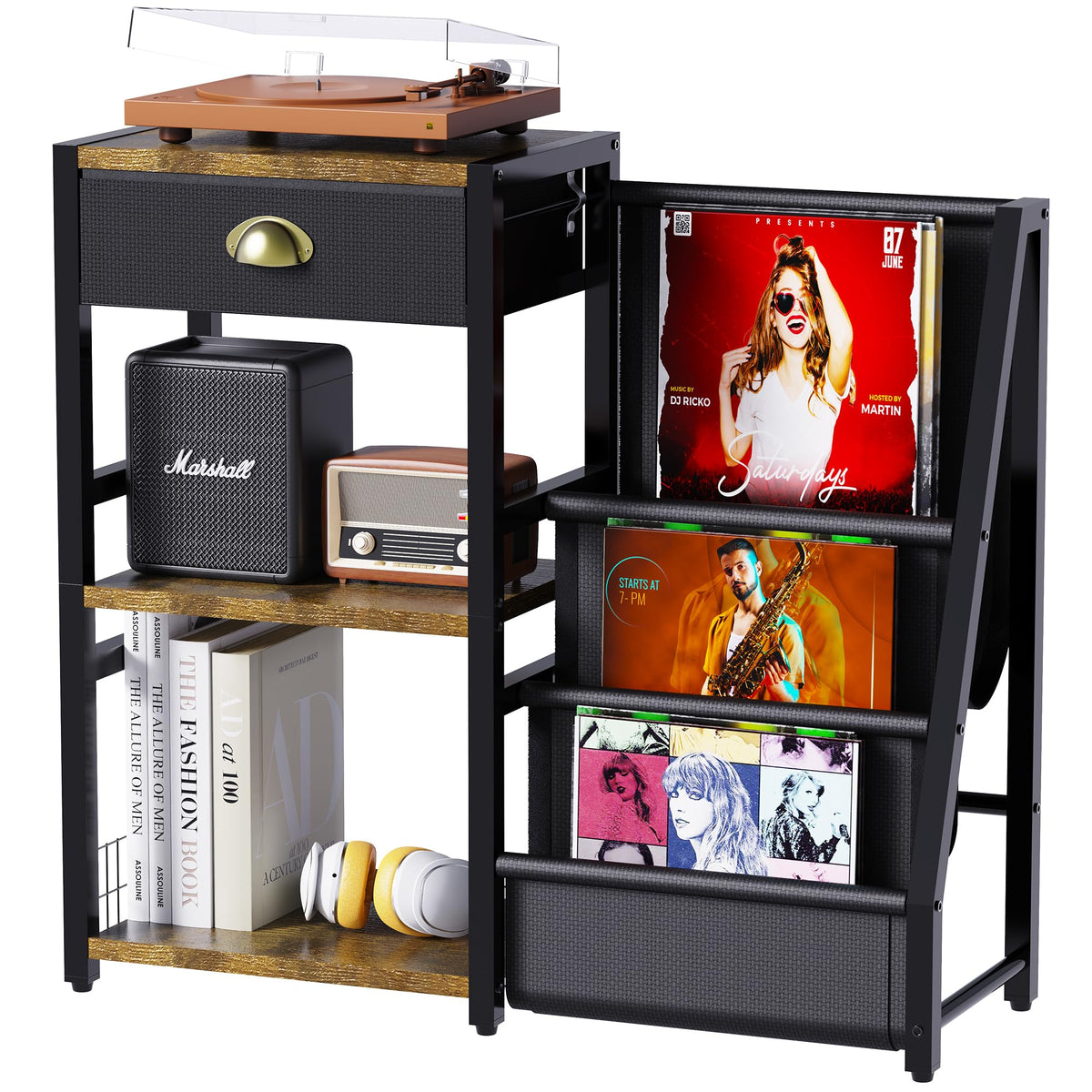 YAKANJ End Table with Vinyl Record Storage,Record Player Stand,3 Tier Turntable Stand with Records Holder,Stand Table for Media 