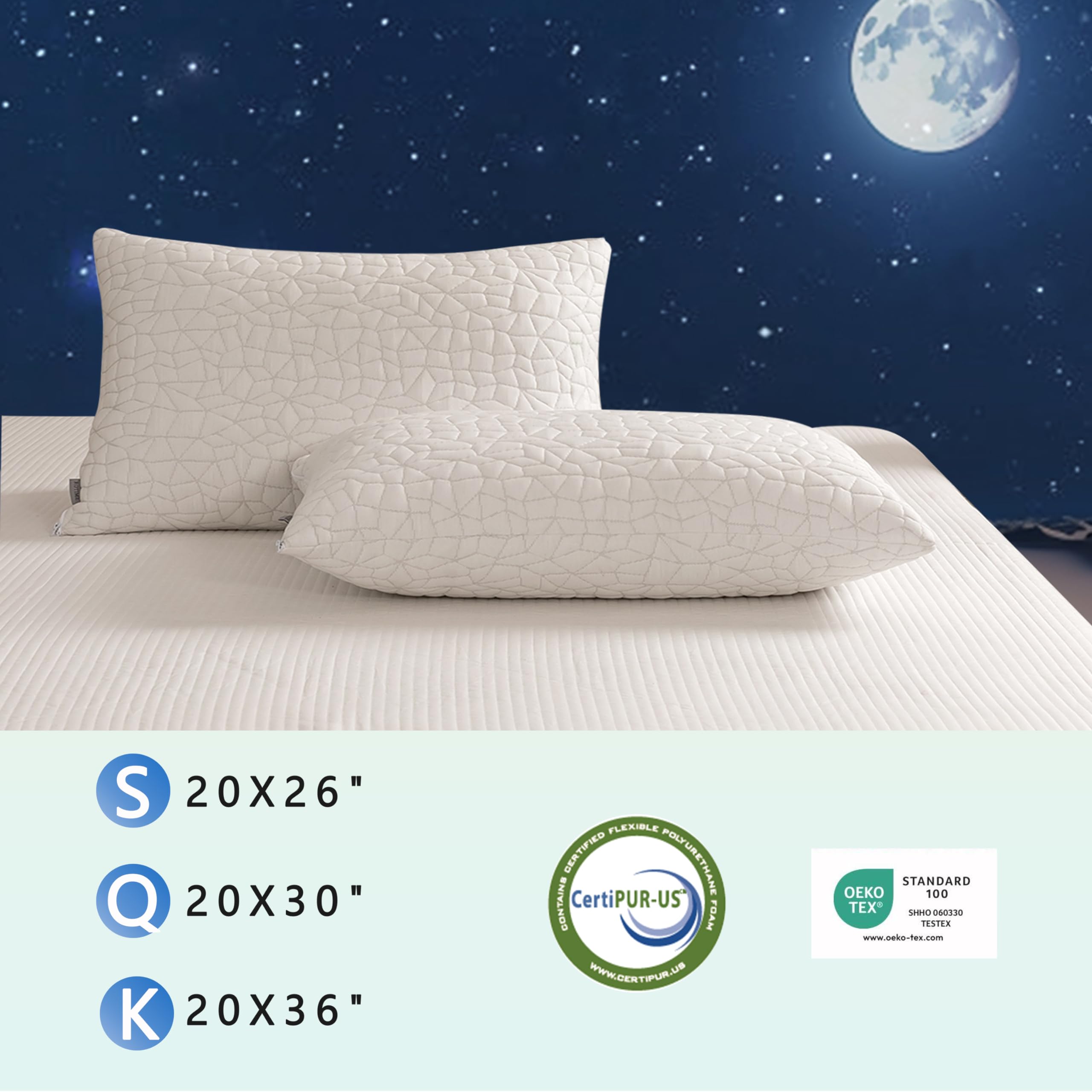 RGTIME King Size Shredded Memory Foam Pillows - Adjustable, Cooling, 2-Pack for Side, Back & Stomach Sleepers, Washable Cover, White