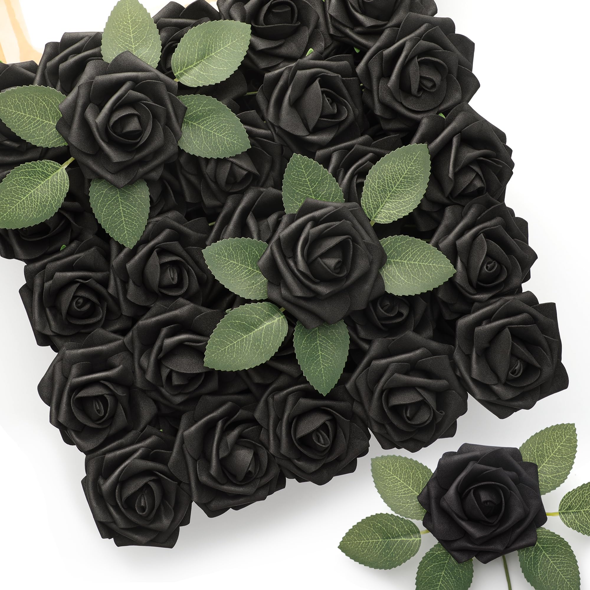 Mocoosy 50Pcs Black Roses Artificial Flowers, Fake Roses for Decorations, Real Touch Foam Rose Bulk with Stems DIY Wedding Bouqu