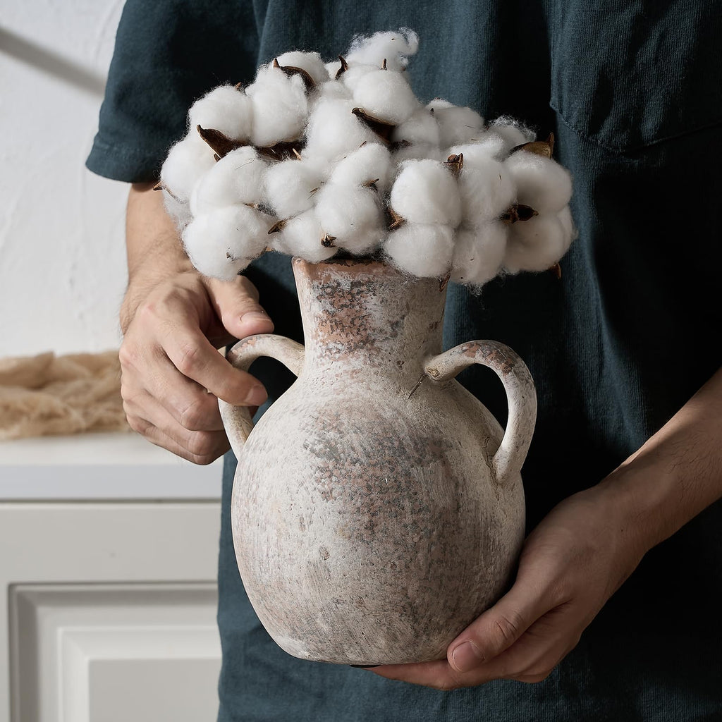 Siducal Rustic Ceramic Farmhouse Flower Vase With 2 Handles, Whitewashed Terra Cotta Vase, Decorative Pottery Flower Vase For Ho