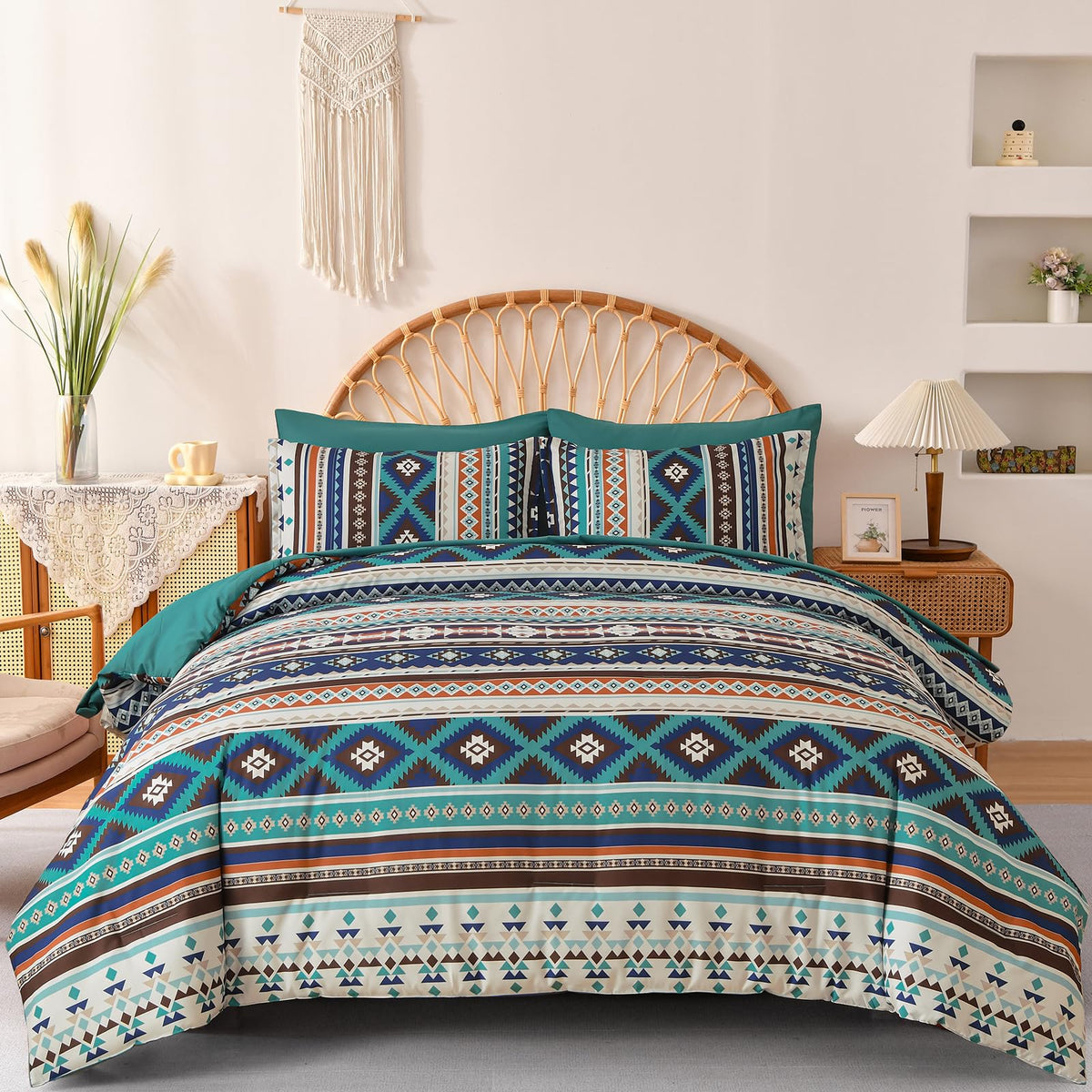 Dinjoy Dark Green Comforter Set Queen,7 Piece Boho Bed In A Bag Queen Size Soft Aztec Bedding Sets With Sheets Bohemian Complete