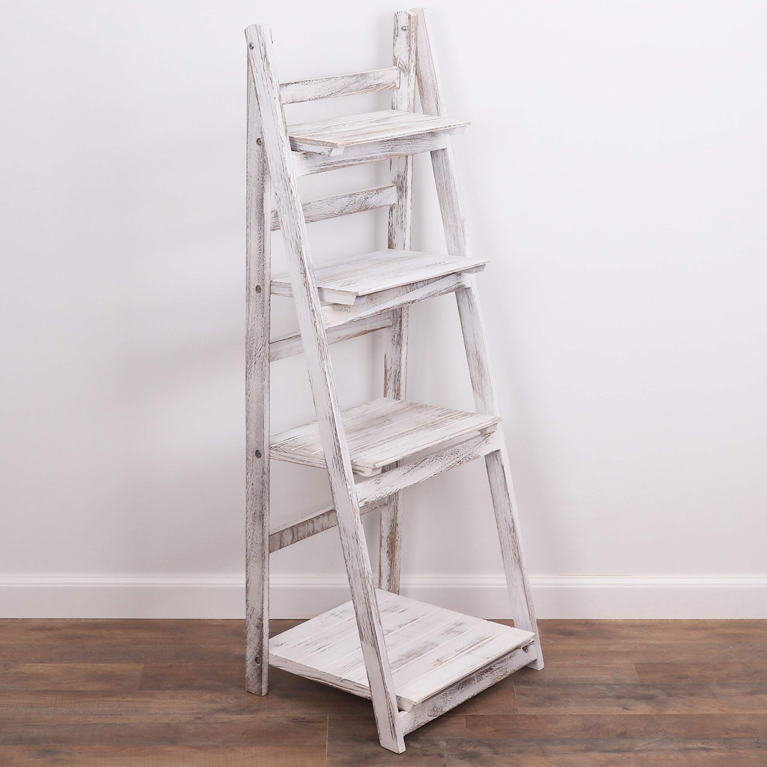 Milltown Merchants Ladder Shelf - Wooden Leaning Bookshelf - Rustic Folding Bookcase (Distressed White)