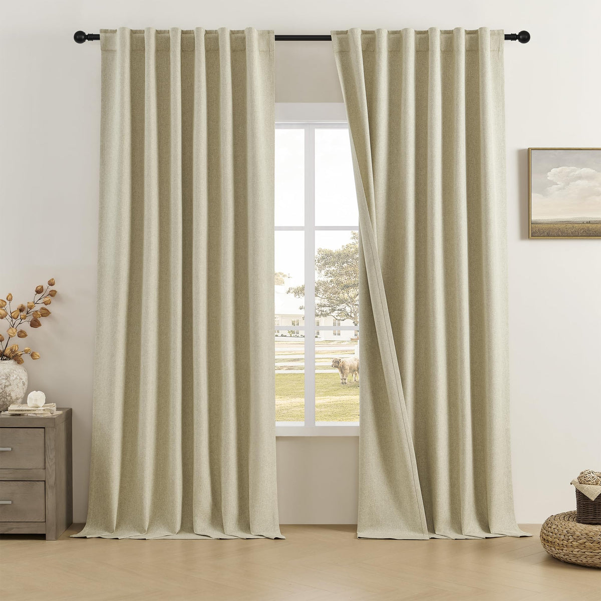 Dualife Faux Linen Curtains 108 Inches Long For Living Room 2 Panels Set Back Tab Draperies Neutral Earth Tone Blackout Curtains