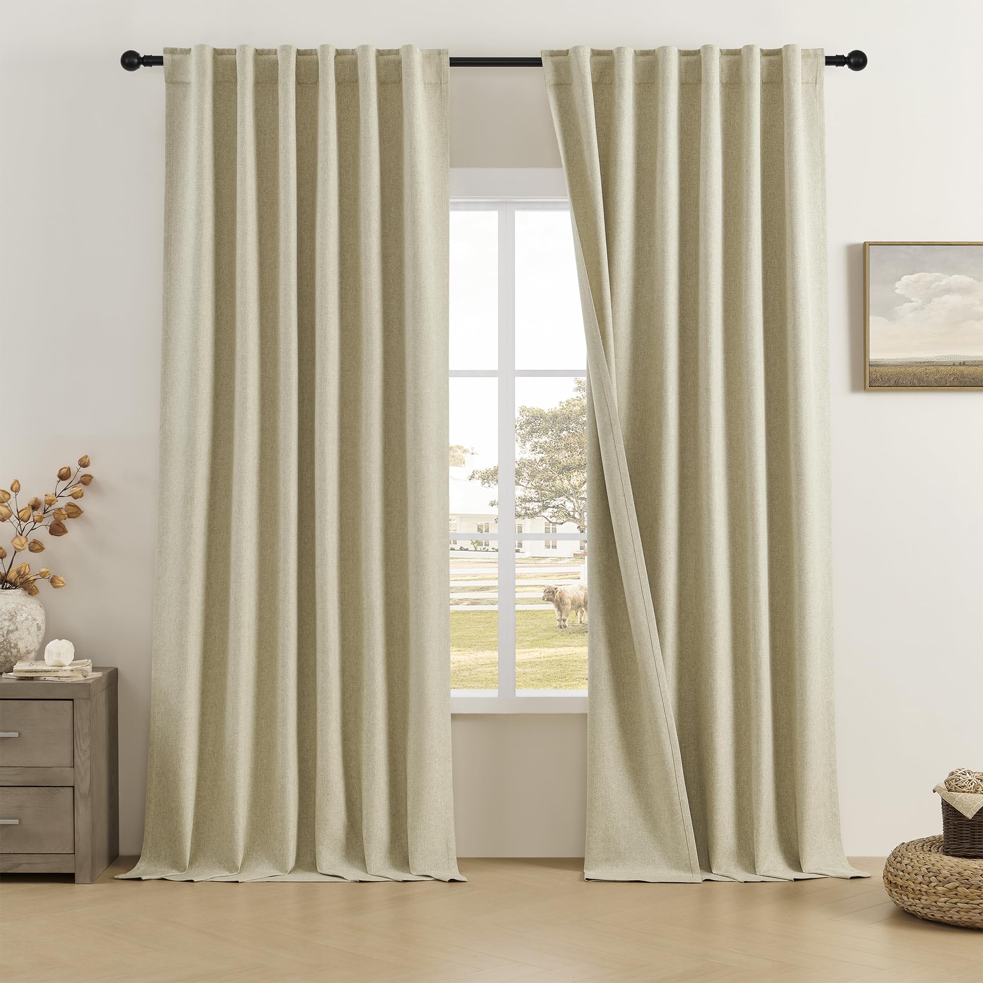 Dualife Faux Linen Curtains 108 Inches Long For Living Room 2 Panels Set Back Tab Draperies Neutral Earth Tone Blackout Curtains