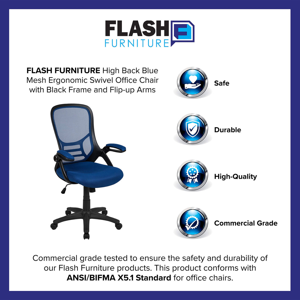 Flash Furniture Porter High-Back Swivel Office Chair with Adjustable Lumbar Support and Seat Height, Ergonomic Mesh Desk Chair with Flip-Up Armrests, Blue/Black