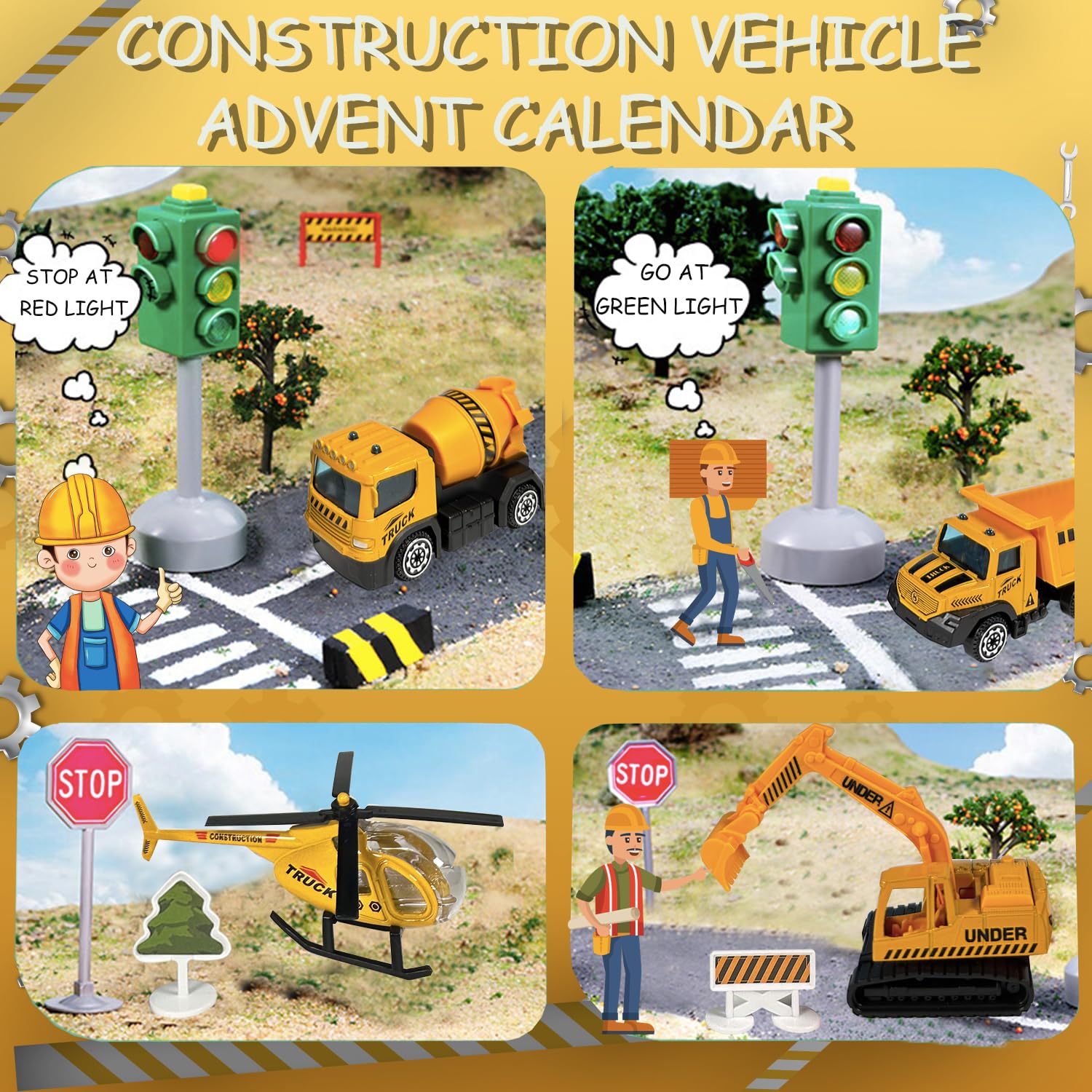 Advent Calendar 2024 Kids Boys - Alloy Construction Vehicles Toy Set - Christmas Engineering Playset Plus 2 Mats - Countdown Cal