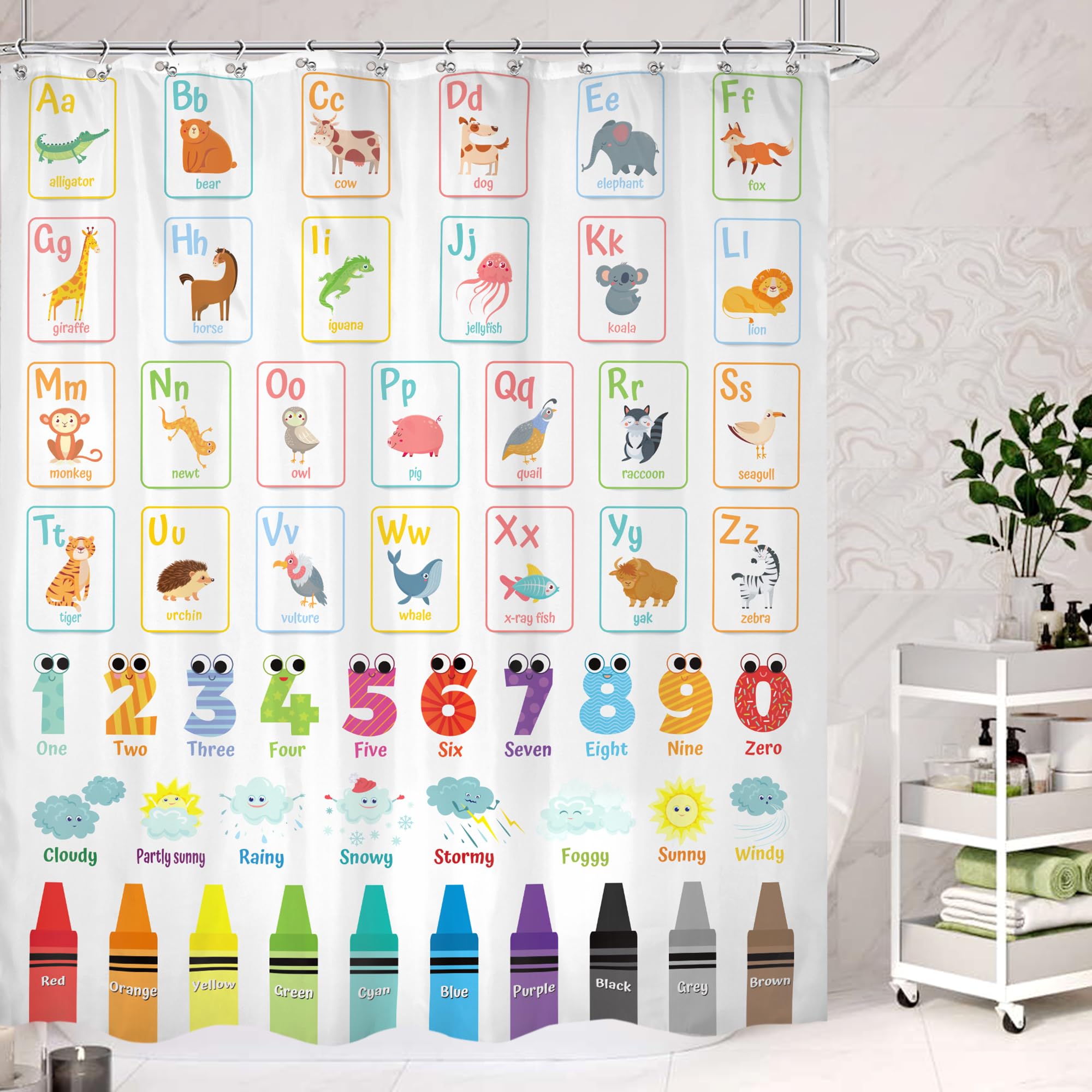 Cinbloo Alphabet ABC Kids Shower Curtain 60Wx72H Children Cartoon Cute Animal Colorful Educational Bathroom Curtain Set Number L