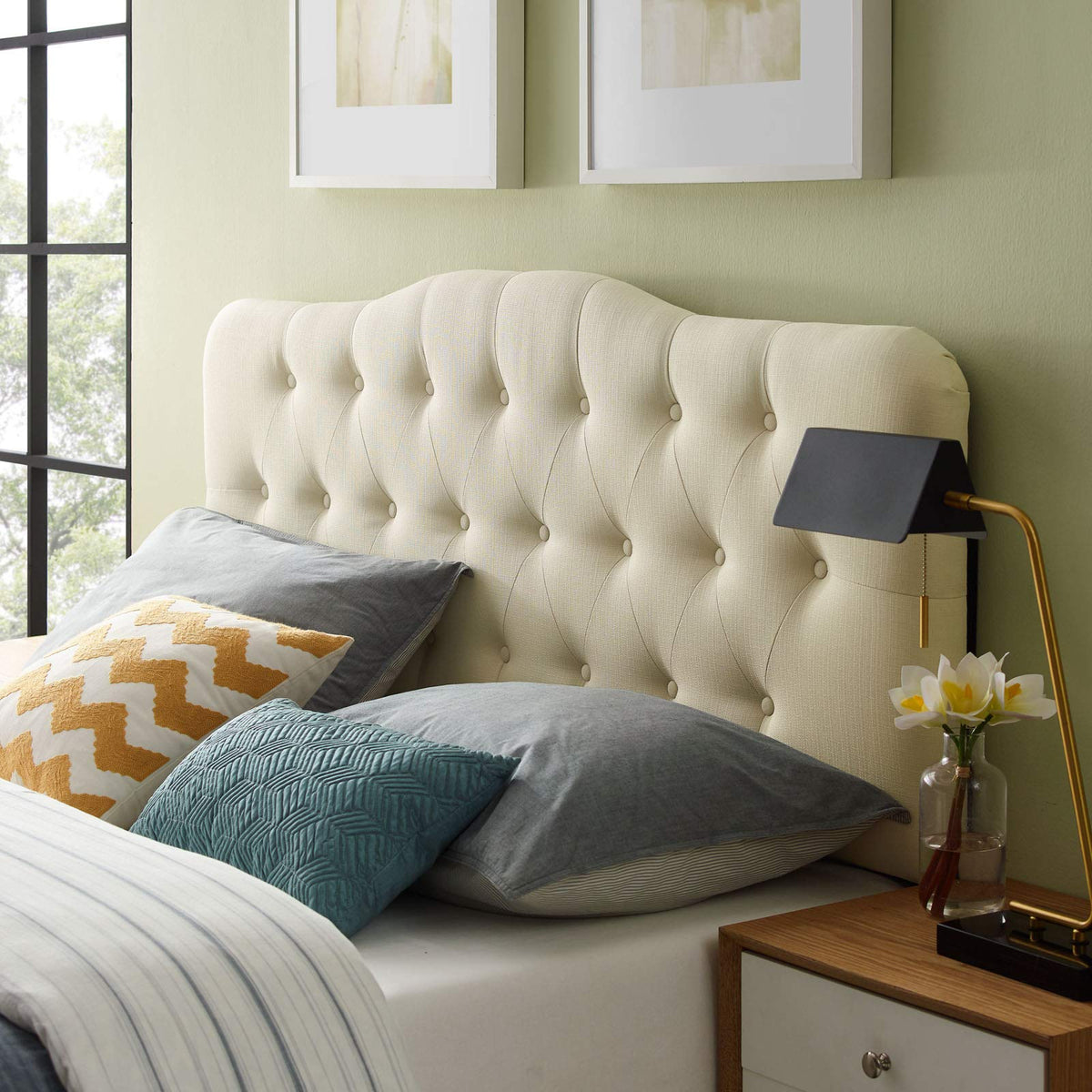 Modway Annabel Tufted Button Linen Fabric Upholstered King Headboard in Ivory