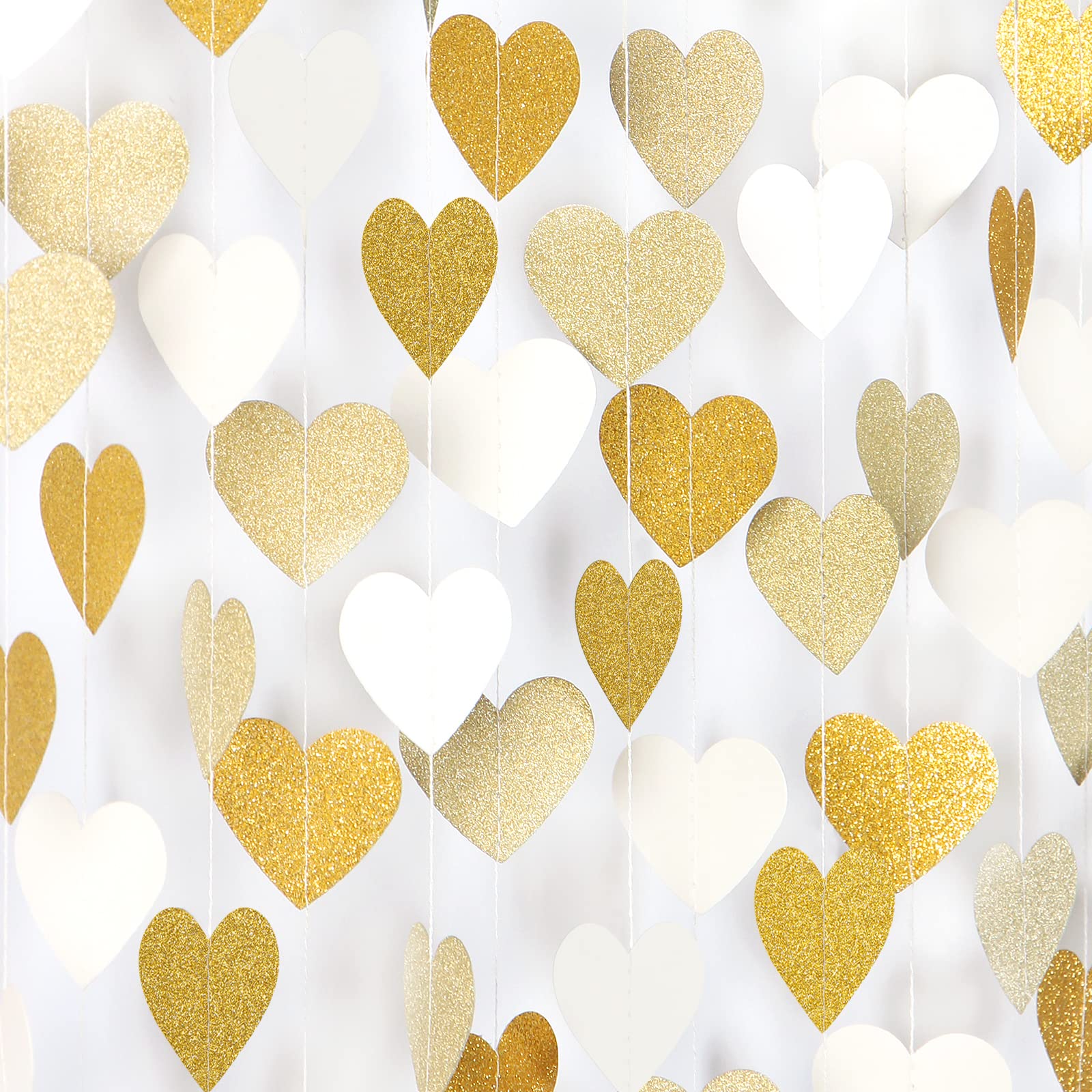 White-Gold Champagne Party-Decorations Heart Streamers Garland - 52Ft Christmas Wedding Engagement Hanging Paper Banner,Bachelor