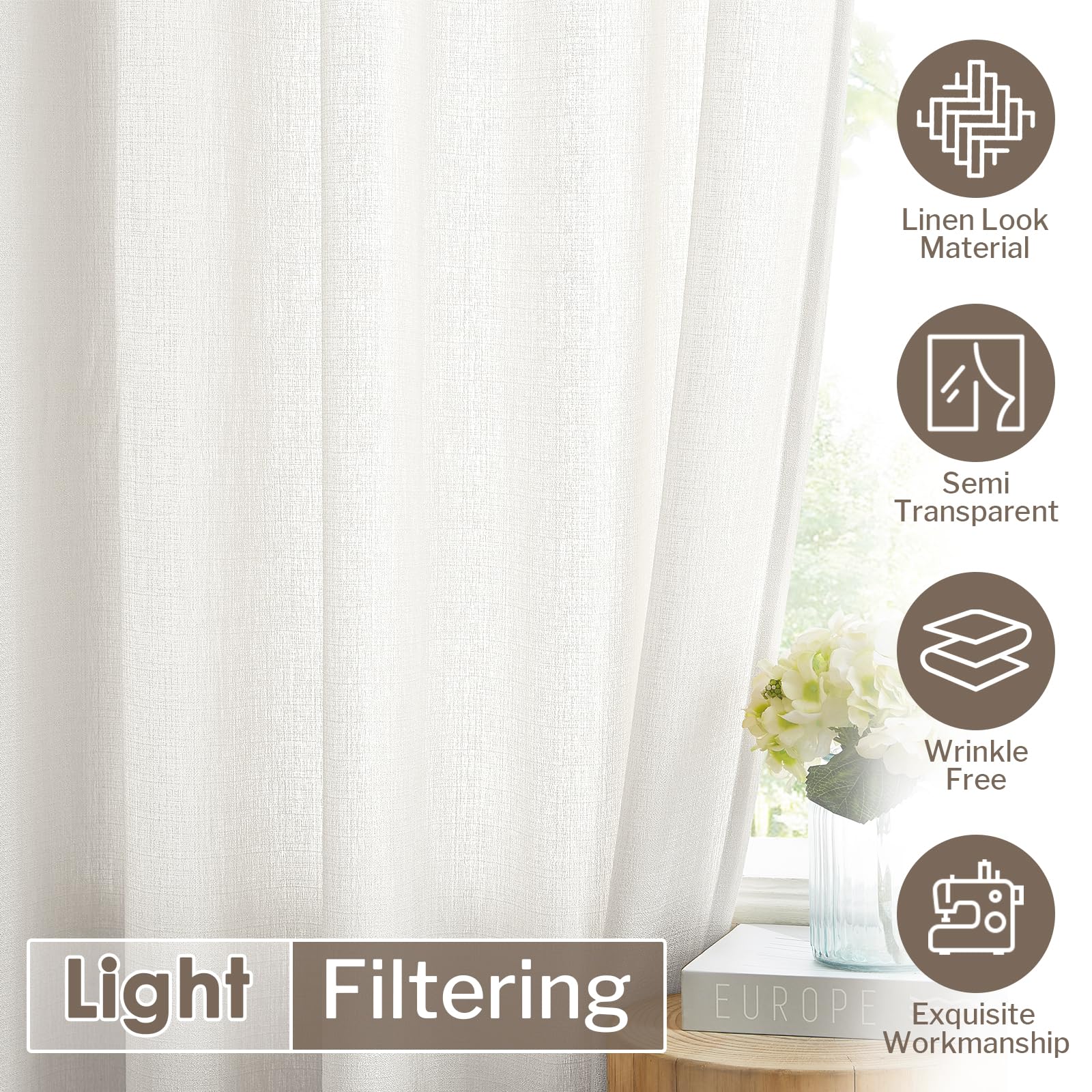 Melodieux Ivory Semi Sheer Curtains 45 Inch Length For Bedroom Kitchen Small Windows, Linen Look Rod Pocket Privacy Sheer Drapes