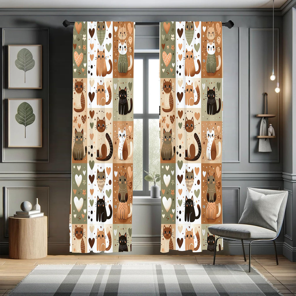 Ambesonne Cats Curtains, Modern Scandi Pattern of Kitten Love with Romantic Hearts Cartoon Design, Window Treatments 2 Panel Set