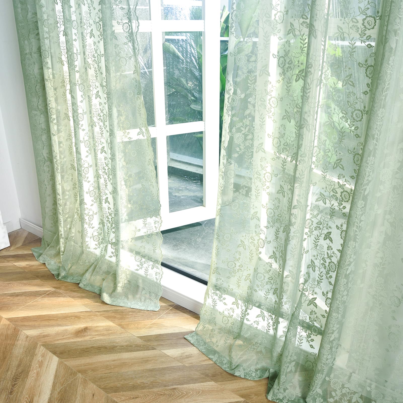 Sage Green Sheer Curtains 102 Inches Long 2 Panels Set Country Rustic Leaf Floral Spring Window Sheer Lace Curtains For Living R