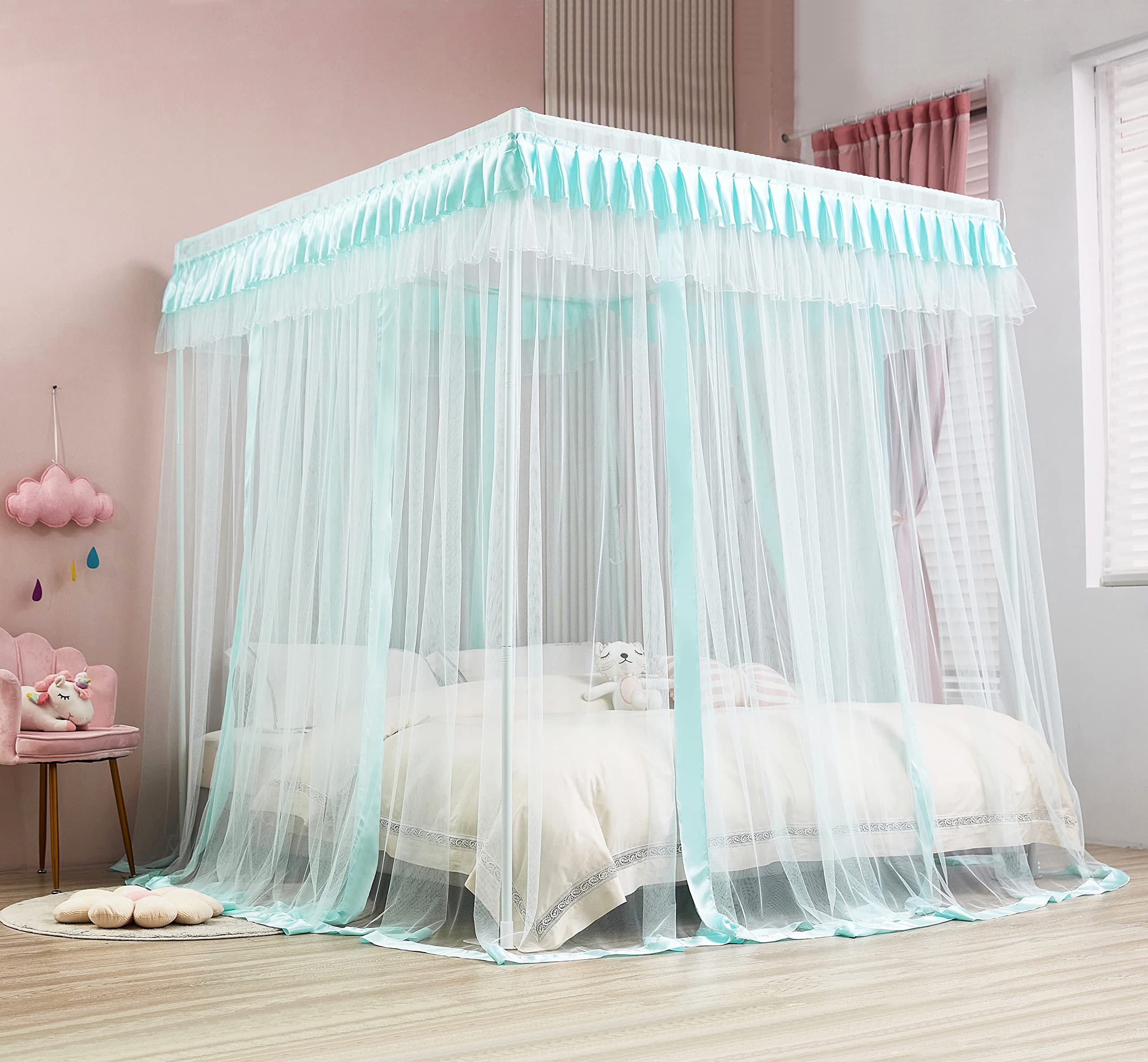 Mengersi 4 Corners Post Canopy Bed Curtains For Girls,Bed Canopy Royal Luxurious Cozy Drape Netting - Cute Princess Bedroom Deco