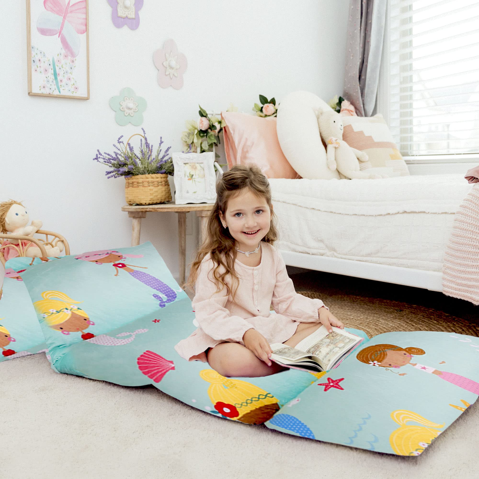 Butterfly Craze Floor Pillow Case, Mattress Bed Lounger Cover, Mermaid Aqua, Queen Size - Cozy Seating Solution for Kids & Adult