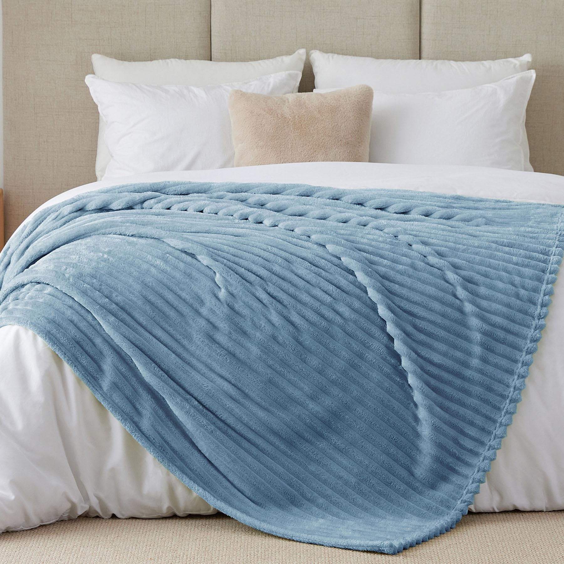 Bedelite Fleece Throw Blanket For Bed, 300Gsm Soft & Warm Fluffy King Blanket, Decorative And Giftable Striped Light Blue Blanke