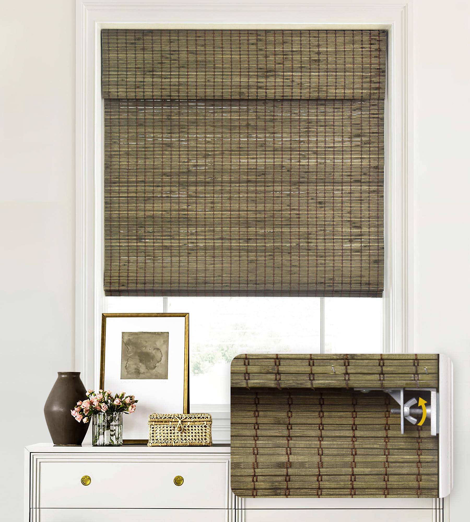 LazBlinds No Tools No Drill Cordless Bamboo Roman Shades, Privacy Window Treatment, Roll Up Bamboo Blinds for Window 22 W x 64