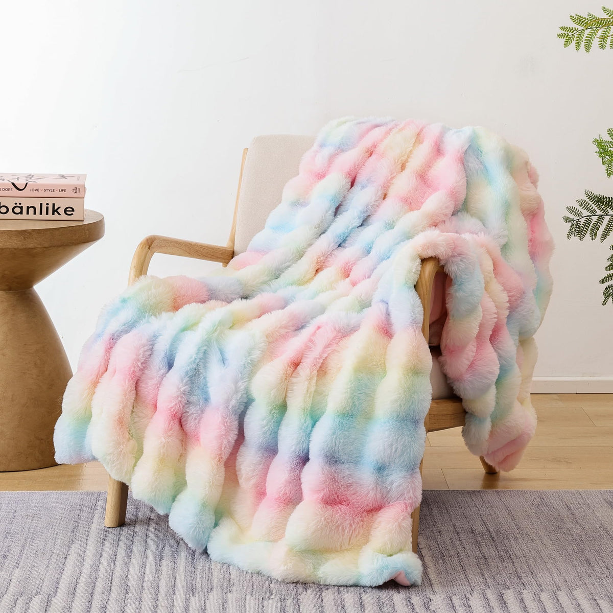 Smoofy Faux Fur Blanket Rabbit Fleece - Rainbow Fluffy Blanket For Sofa, Cozy Soft Plush Throw Blanket For Couch Bed, Luxury Thi