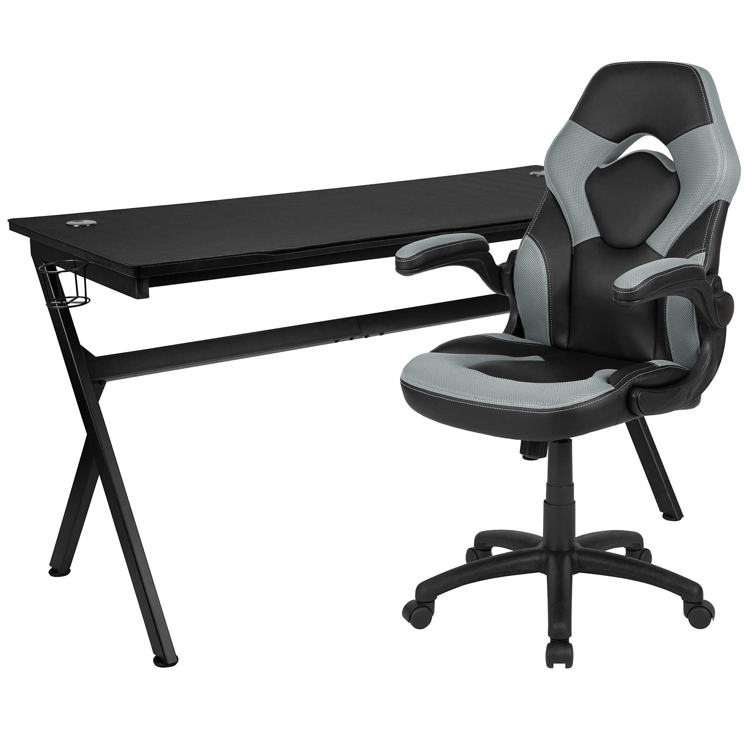 Flash Furniture Gaming Desk and Gray/Black Racing Chair Set/Cup Holder/Headphone Hook/Removable Mouse Pad Top - 2 Wire Management Holes