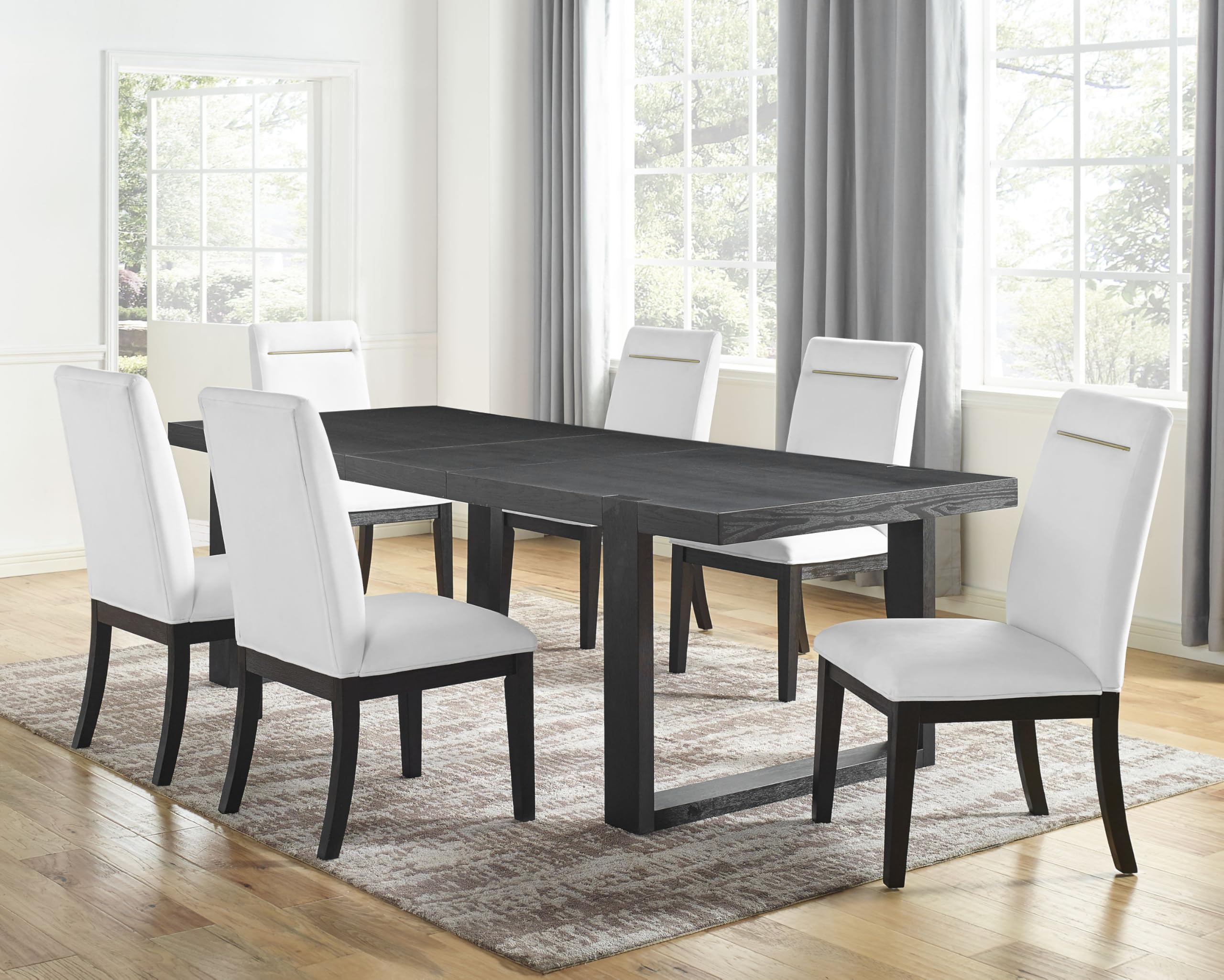 Steve Silver Furniture Yves 7pc Dining Set, 77-95&quot; Table w/ 6 Yves Performance White Side Chairs, Dining Room, Contemporary Double-Pedestal Sled Base, 77&quot; L x 40&quot; W x 30&quot; H, White, Black