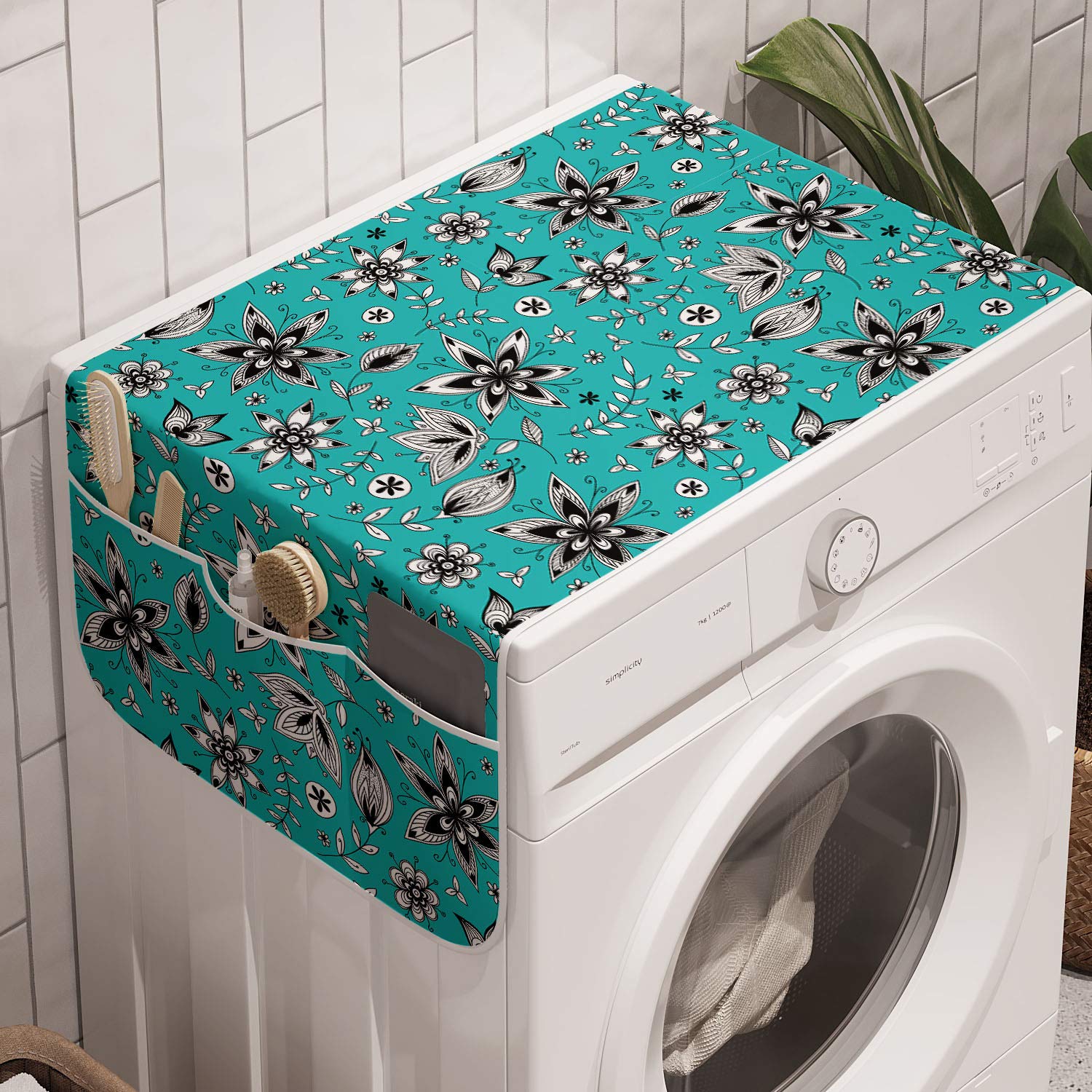 Lunarable Flower Washing Machine Organizer, Abstract Monochrome Floral With Botanical Items, Anti-Slip Fabric Top Cover For Wash