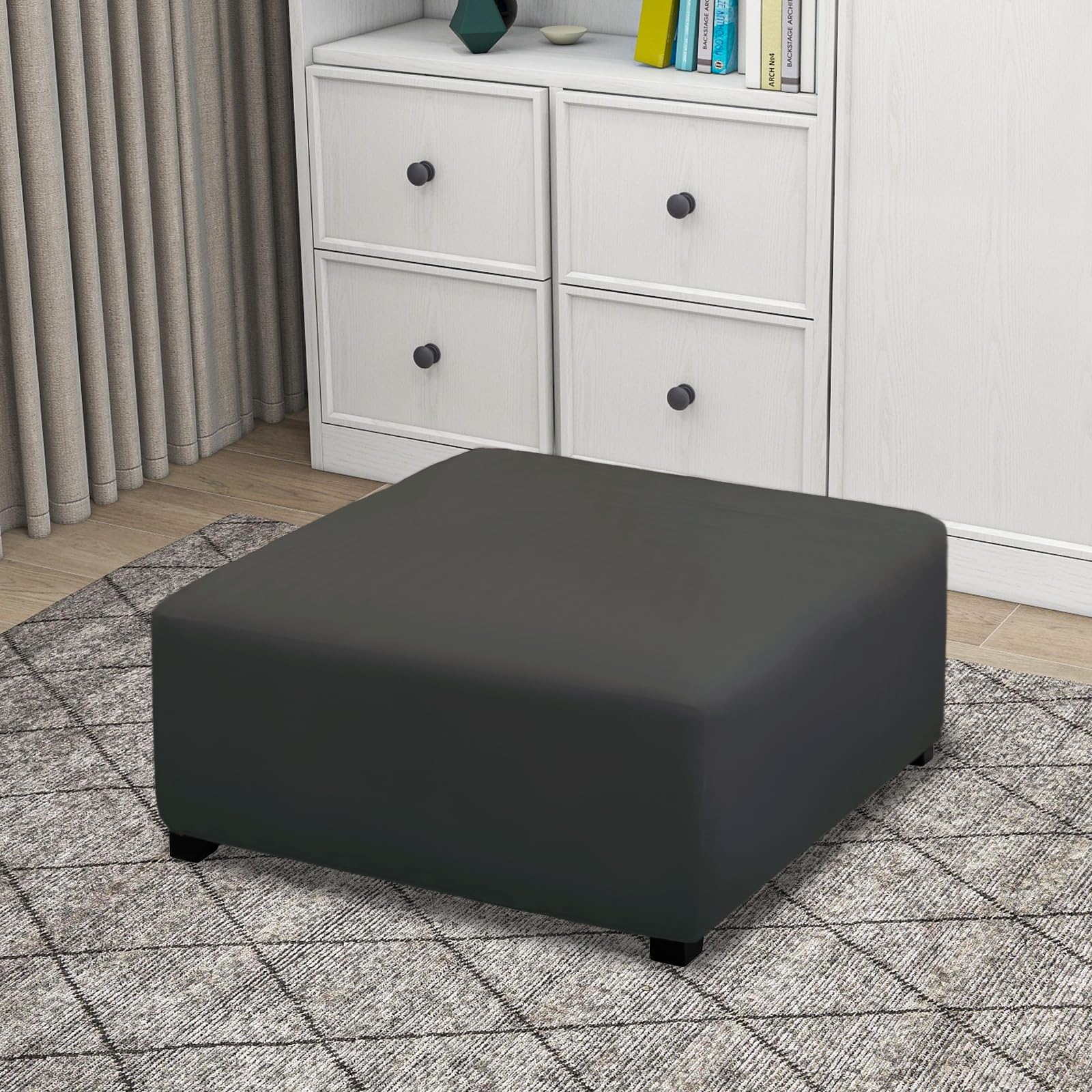 Purefit Super Stretch Form Fit Square Ottoman Cover Rectangle - Ottoman Slipcovers For Foot Stool & Folding Storage Furniture For Living Room With Nonslip Elastic Bottom (Medium-Xl, Dark Gray)
