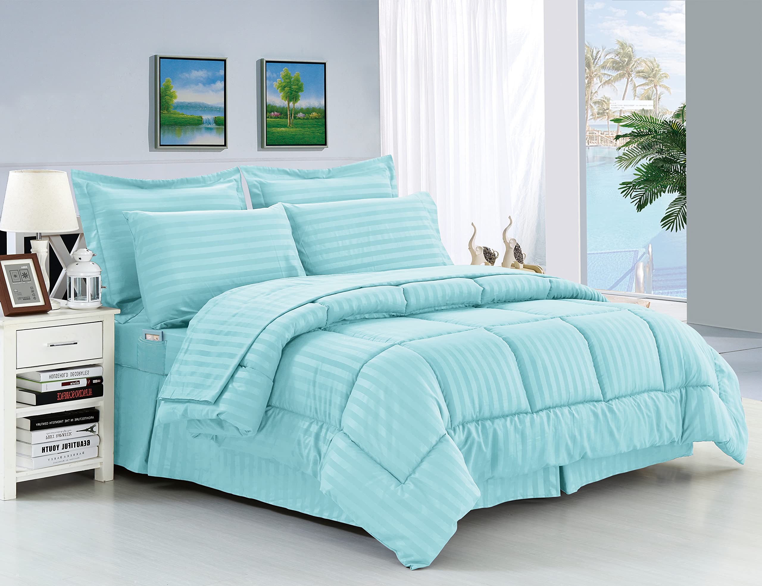 Elegant Comfort Wrinkle Resistant - Silky Soft Dobby Stripe Bed-In-A-Bag 8-Piece Comforter Set - King Light Blue