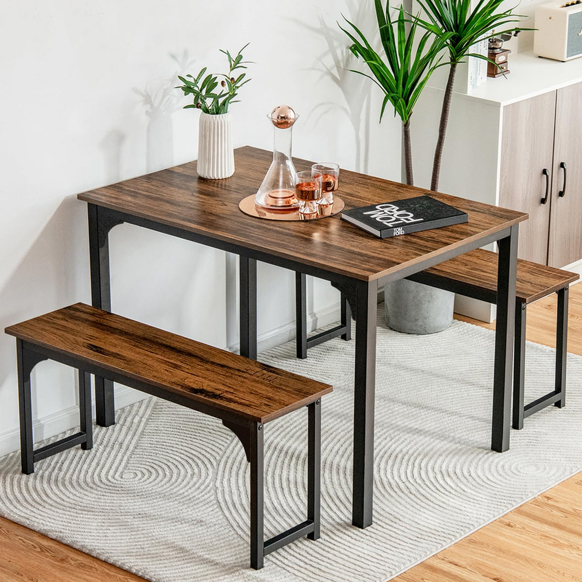 Nafort 3-Piece Dining Table Set For 4, Kitchen Table With 2 Benches, 43.5’’ Space Saving Dining Room Table With Metal Frame & Solid Mdf Wood Board, Ideal For Home, Restaurant, Patio Outdoor