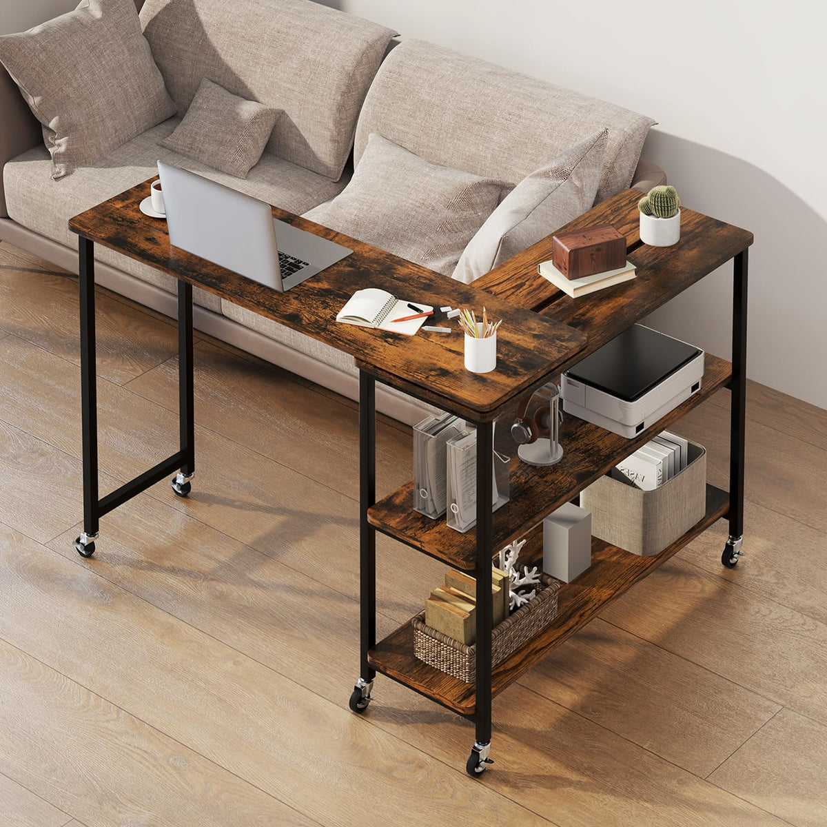 Tangkula Large 360° Free Rotating Sofa Side Table, Patented Mobile Couch Desk With 2-Tier Storage Shelves, Movable Laptop Desk With Sturdy Metal Frame, Extendable Couch Snack Table For Home Office