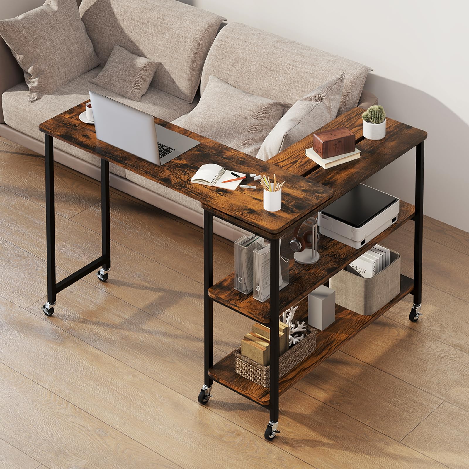 Tangkula Large 360° Free Rotating Sofa Side Table, Patented Mobile Couch Desk With 2-Tier Storage Shelves, Movable Laptop Desk With Sturdy Metal Frame, Extendable Couch Snack Table For Home Office