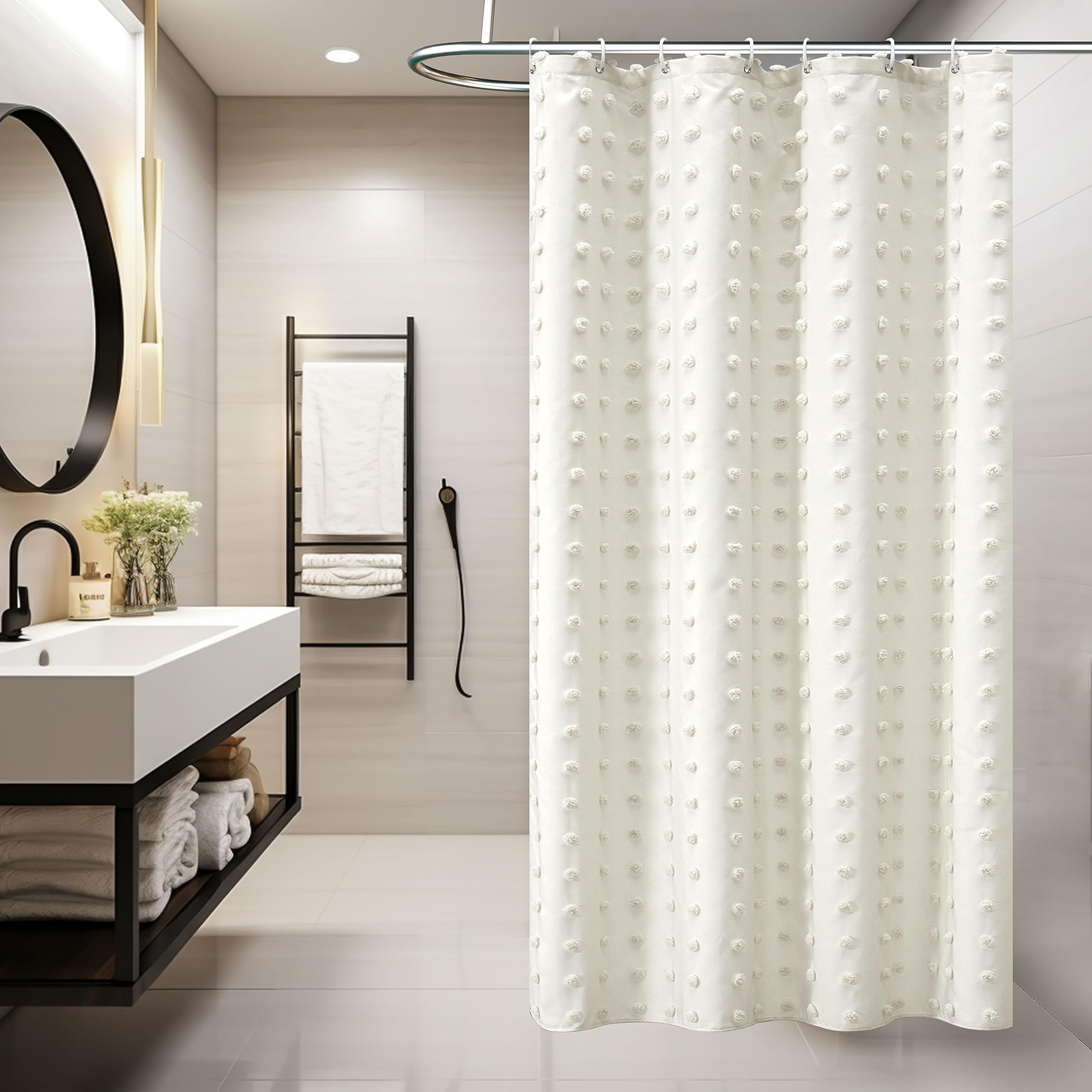 Siiluminisoy Small Stall Ivory Boho Shower Curtain Woven Fabric Cute Cream Shower Curtain, 36 x 72 Tufted Pleat Floral Textured 