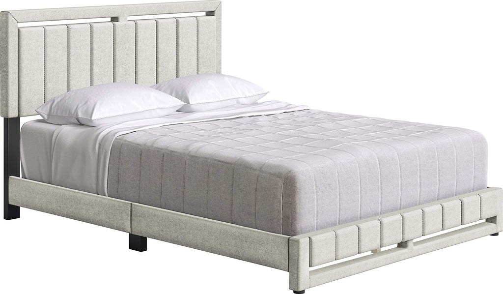 Boyd Sleep Beaumont Upholstered Platform Bed with Headboard, Mattress Foundation with Strong 14 Wood Slat Supports, No Box Spring Required, White Linen, Size King