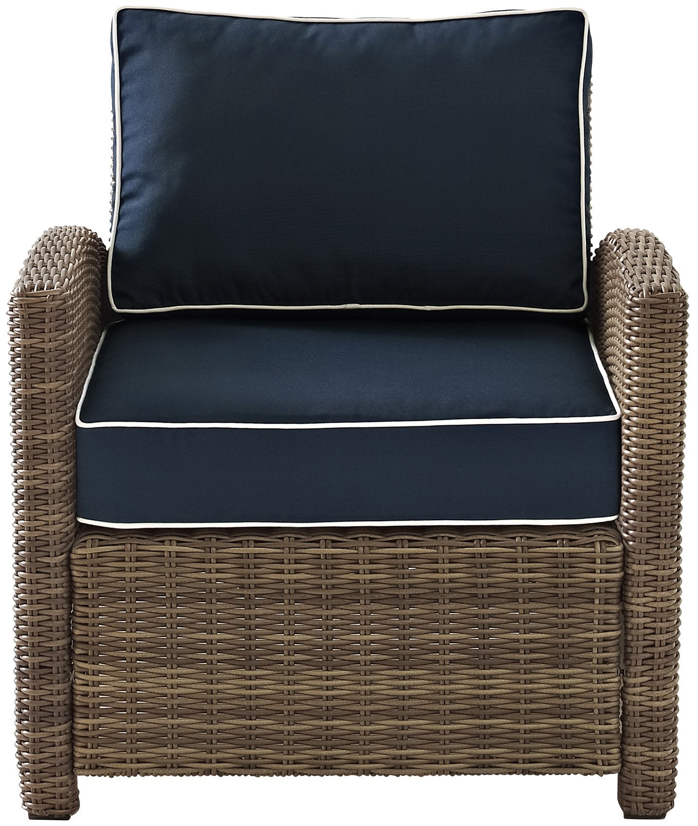 Crosley Furniture Bradenton Outdoor Chair, Wicker Patio Chairs For Porch, Deck, Balcony, Backyard, Brown With Navy Cushions