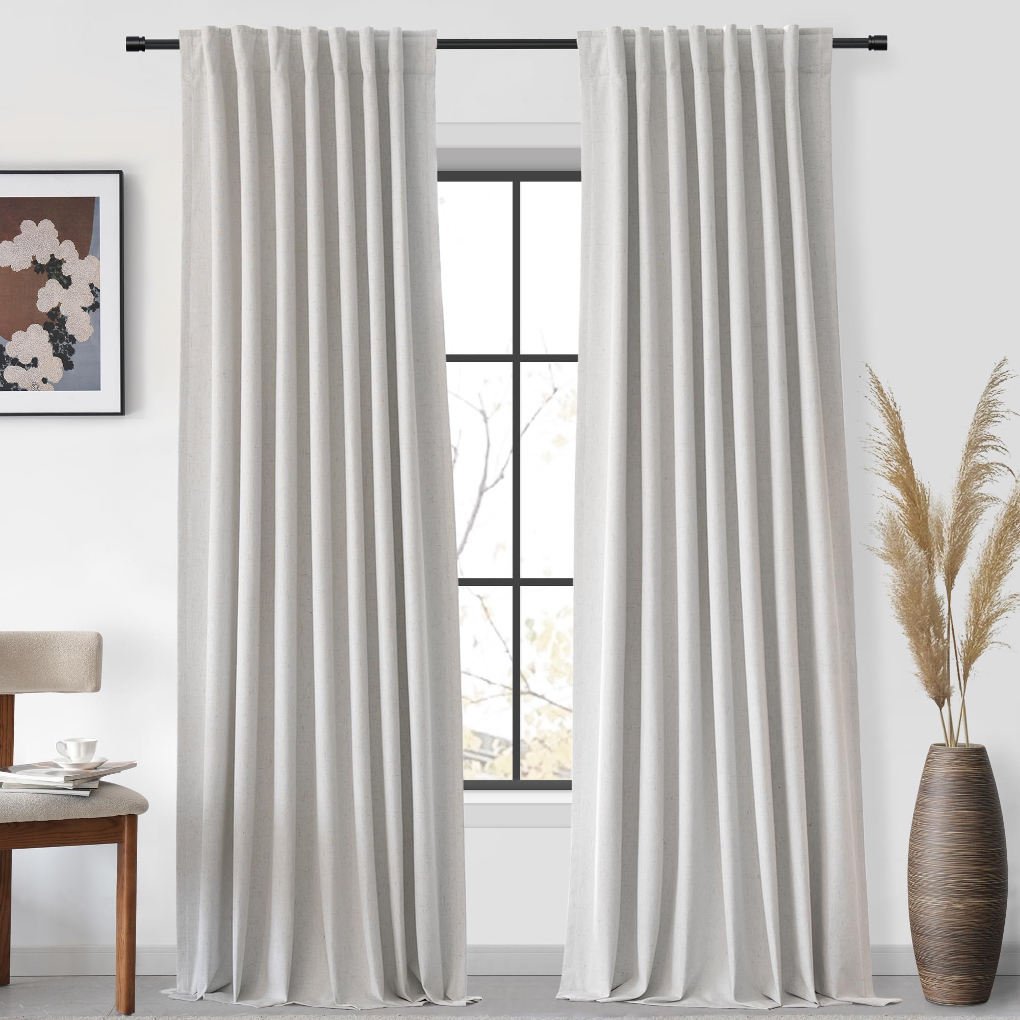 Uhitech Beige Linen Blackout Curtains 102 Inches Long 2 Panels Set For Living Room Modern Linen Textured Black Out Curtains Heat
