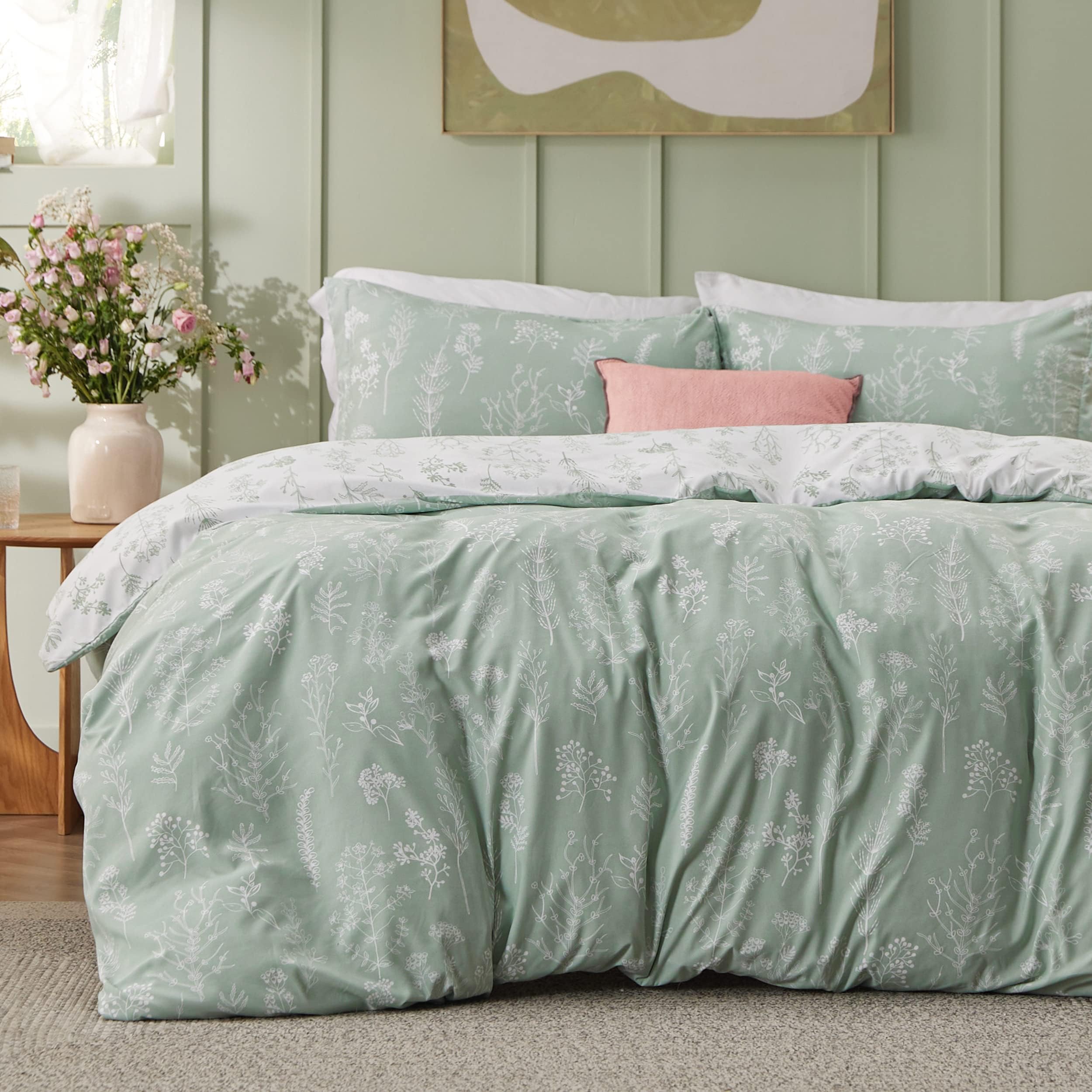 Bedsure Duvet Cover Queen Size - Reversible Green Queen Duvet Cover Set With Zipper Closure, 3 Pieces Floral Patterned Bedding S