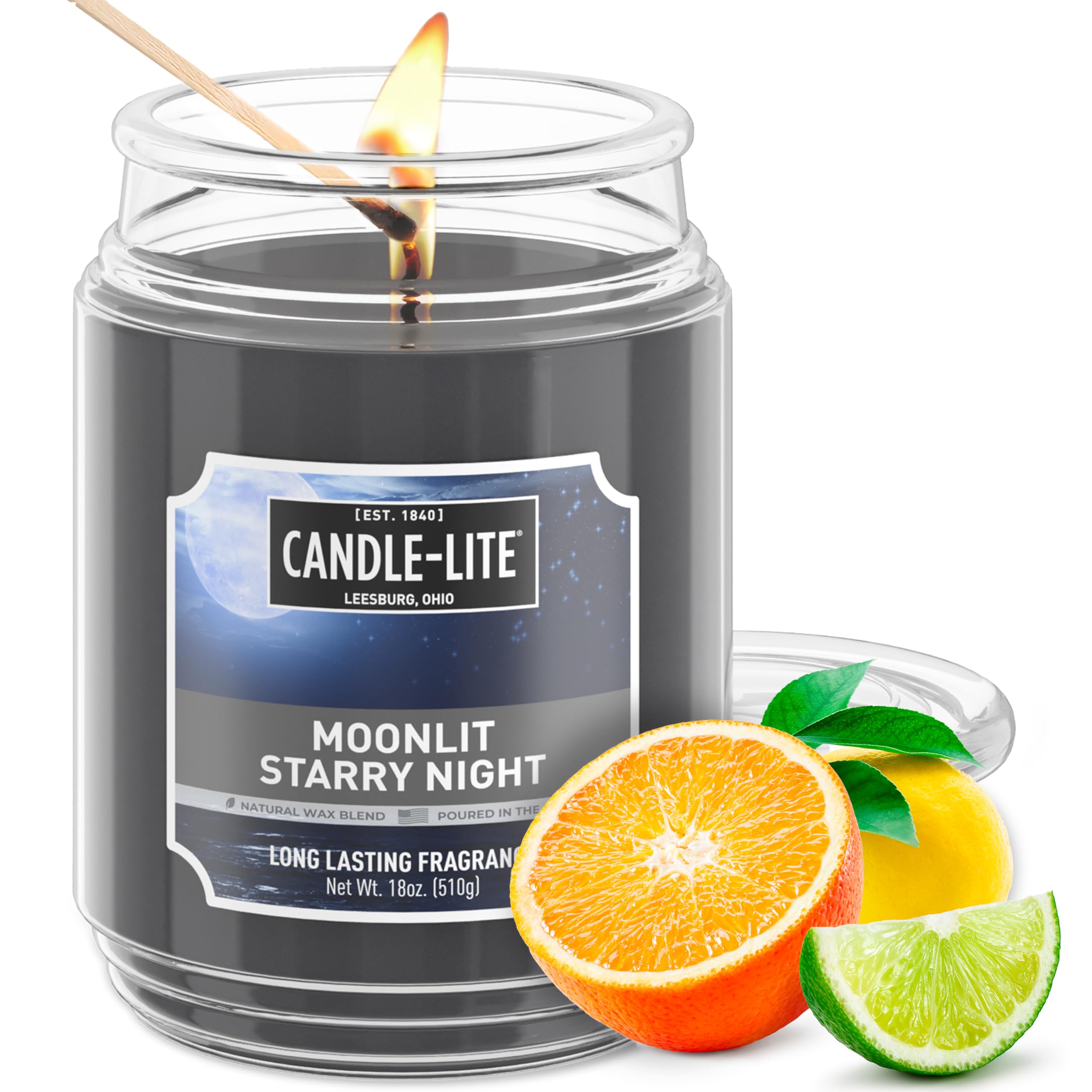 CANDLE-LITE Scented Moonlit Starry Night Fragrance, One 18 oz. Single-Wick Aromatherapy Candle with 110 Hours of Burn Time, Gray