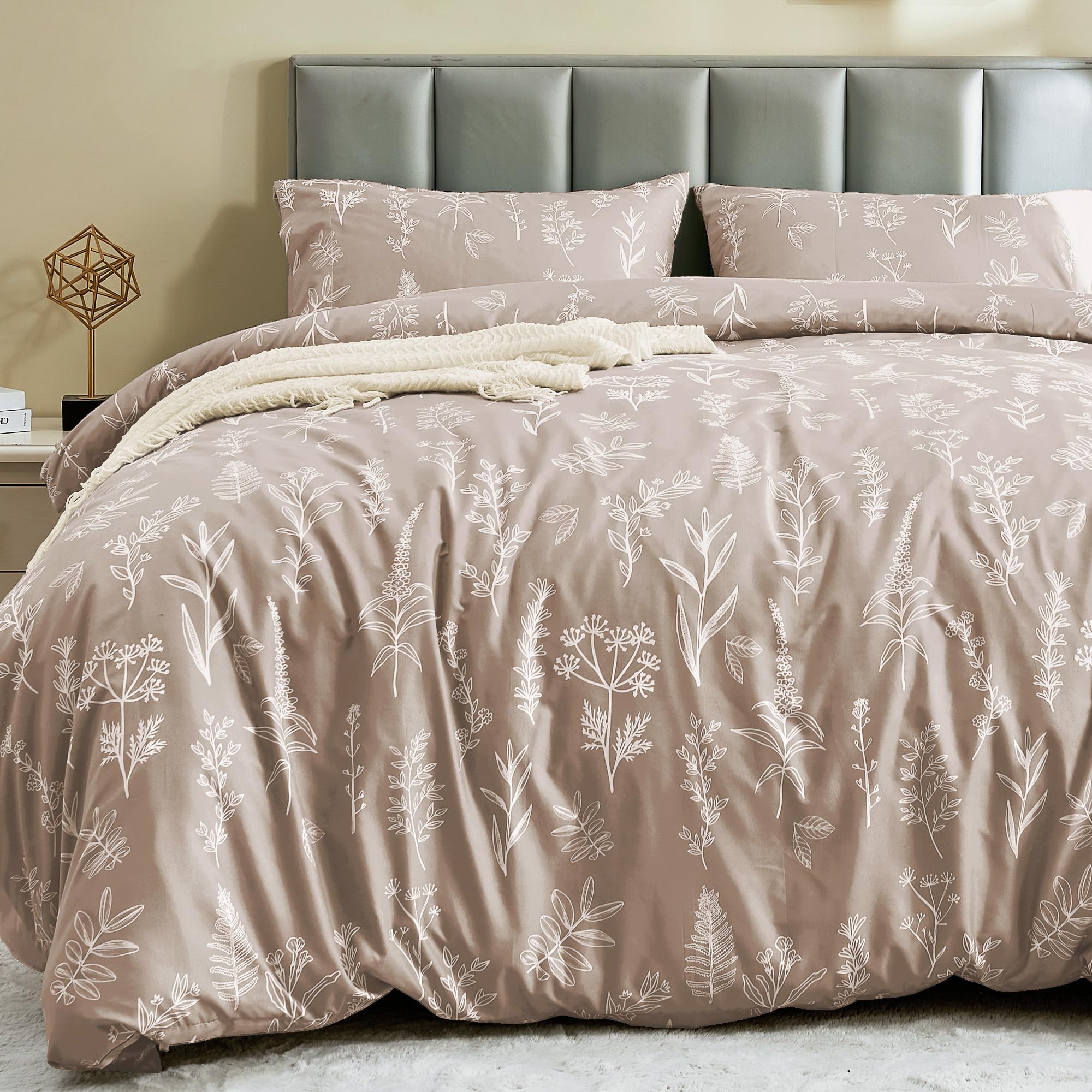 Muxhomo Duvet Cover King Size, Reversible Floral Taupe Duvet Cover Set With Zipper Closure, 3 Pieces Botanical Patterns Soft Mic