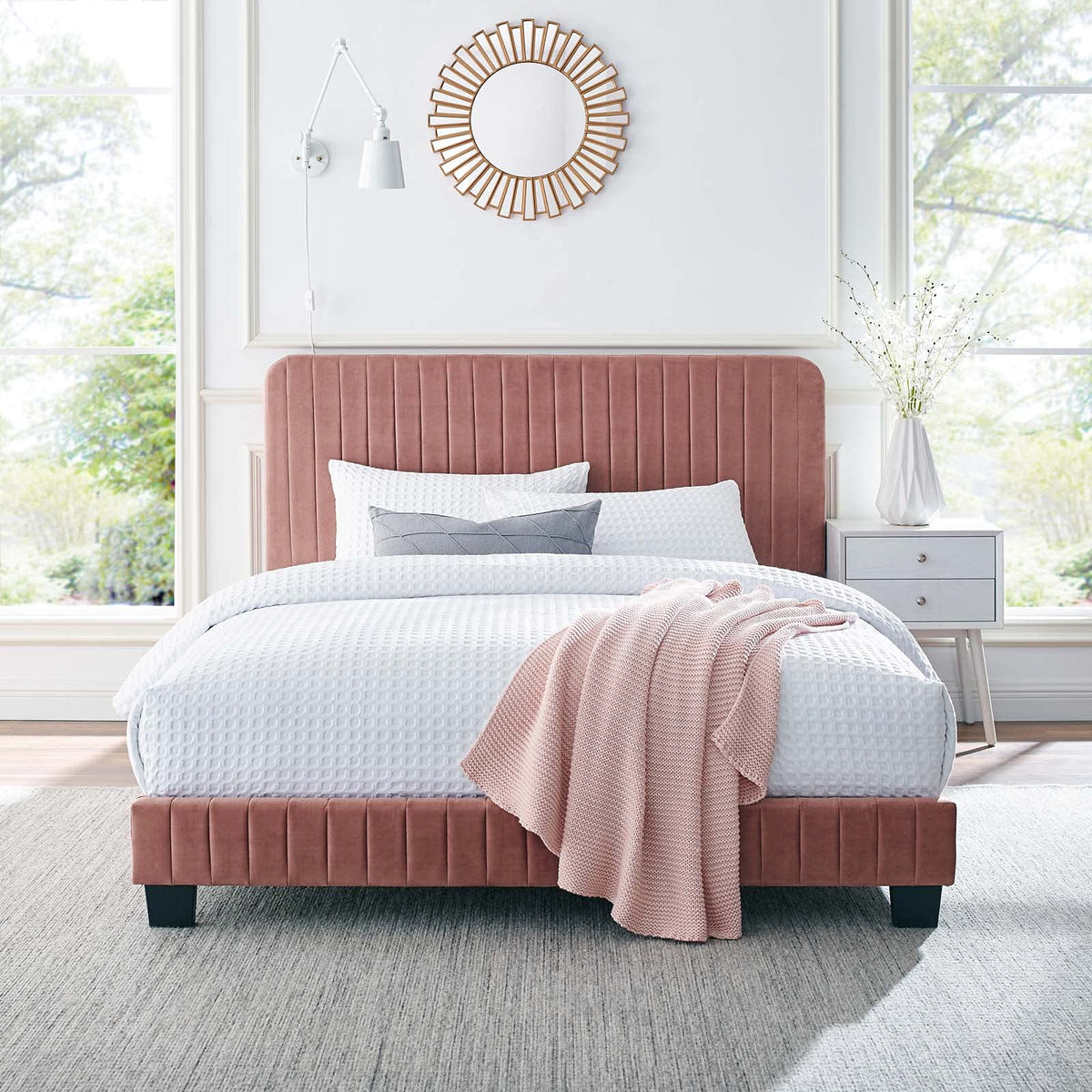 Modway Celine Channel Tufted Performance Velvet Twin Platform Bed in Dusty Rose