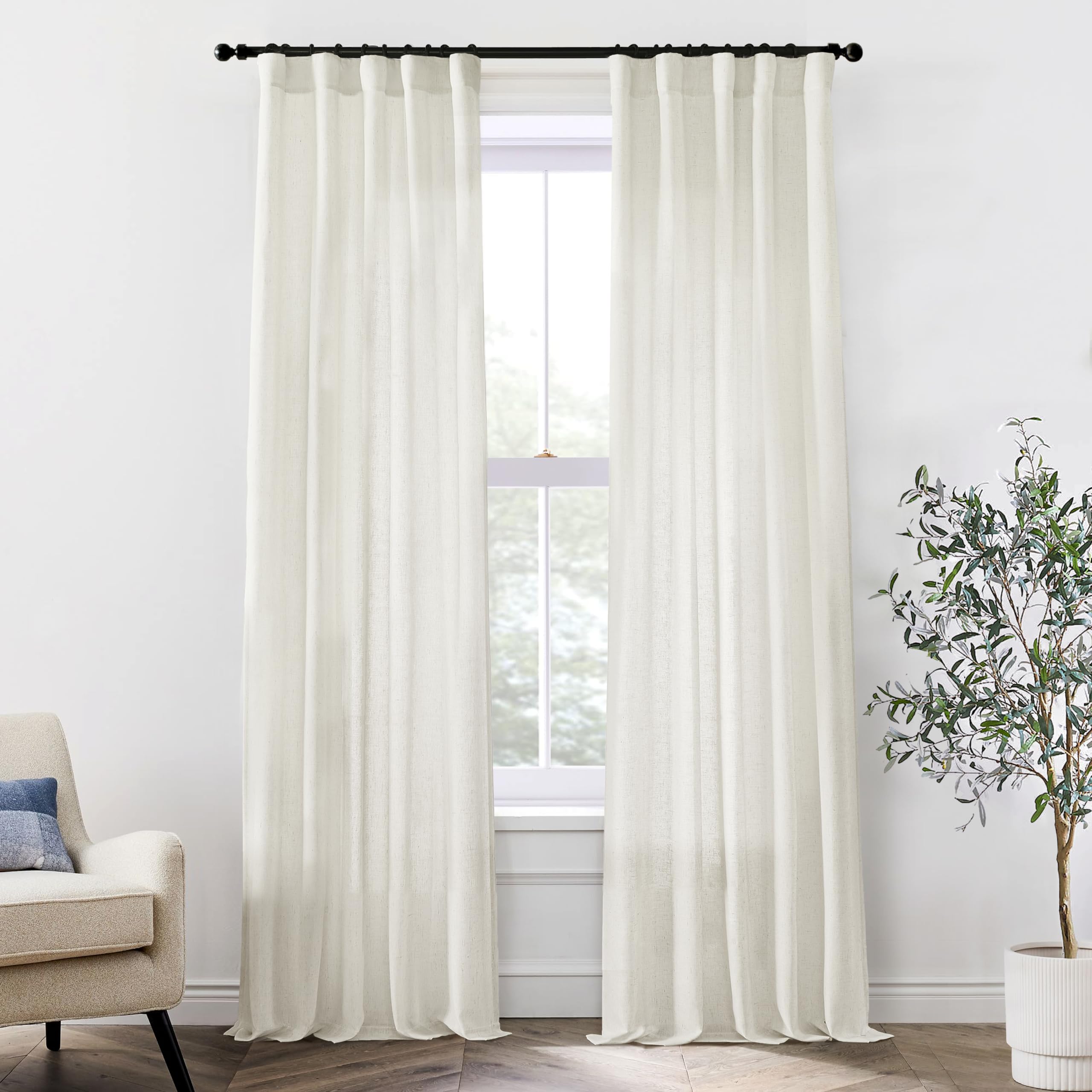 Xtmyi 86 Inch Linen Curtains,2 Panels Set Semi Sheer Boho Back Tab Pleated Rod Pocket Curtain Drapes For Living Room Bedroom,Cre