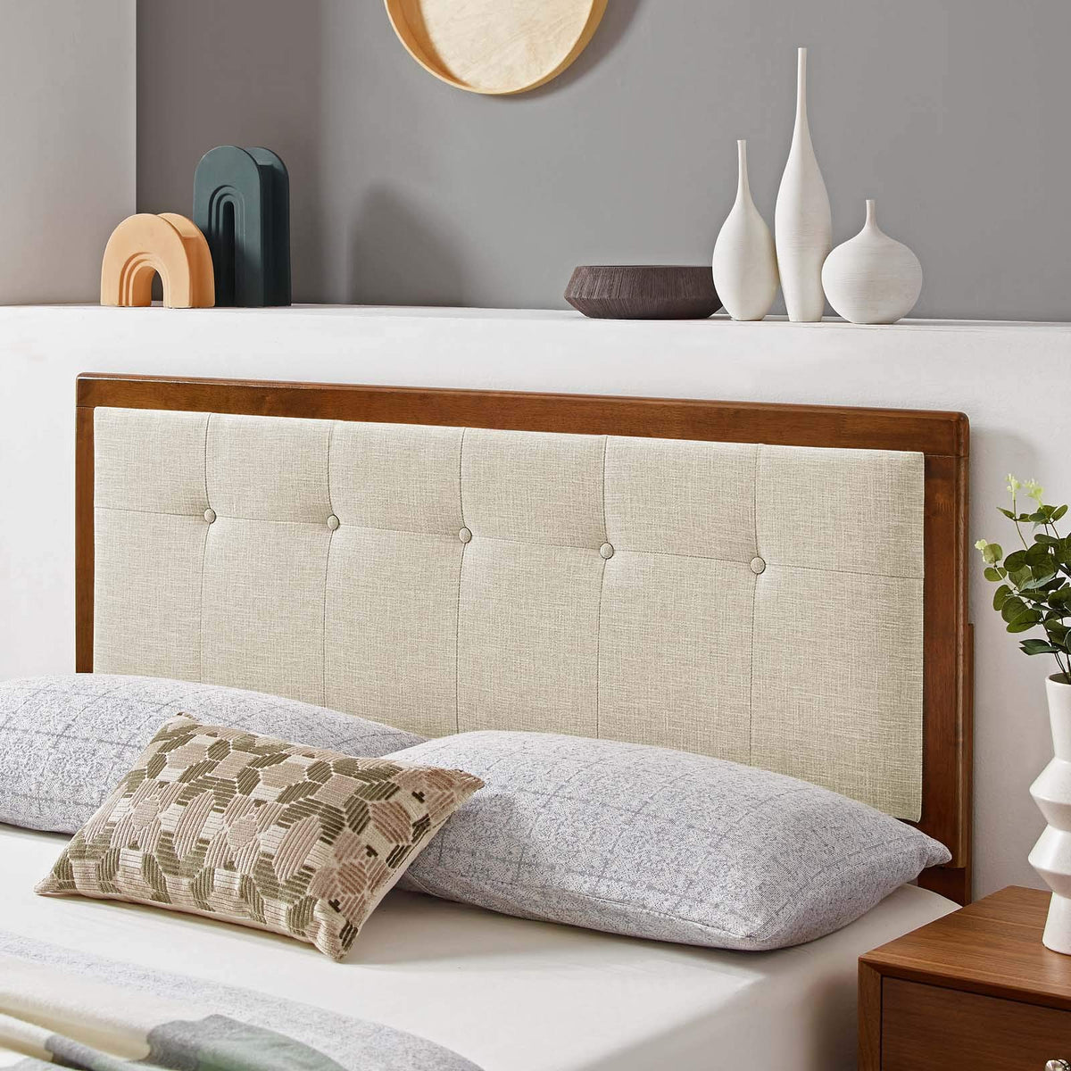 Modway Draper Tufted Queen Fabric And Wood Headboard In Walnut Beige