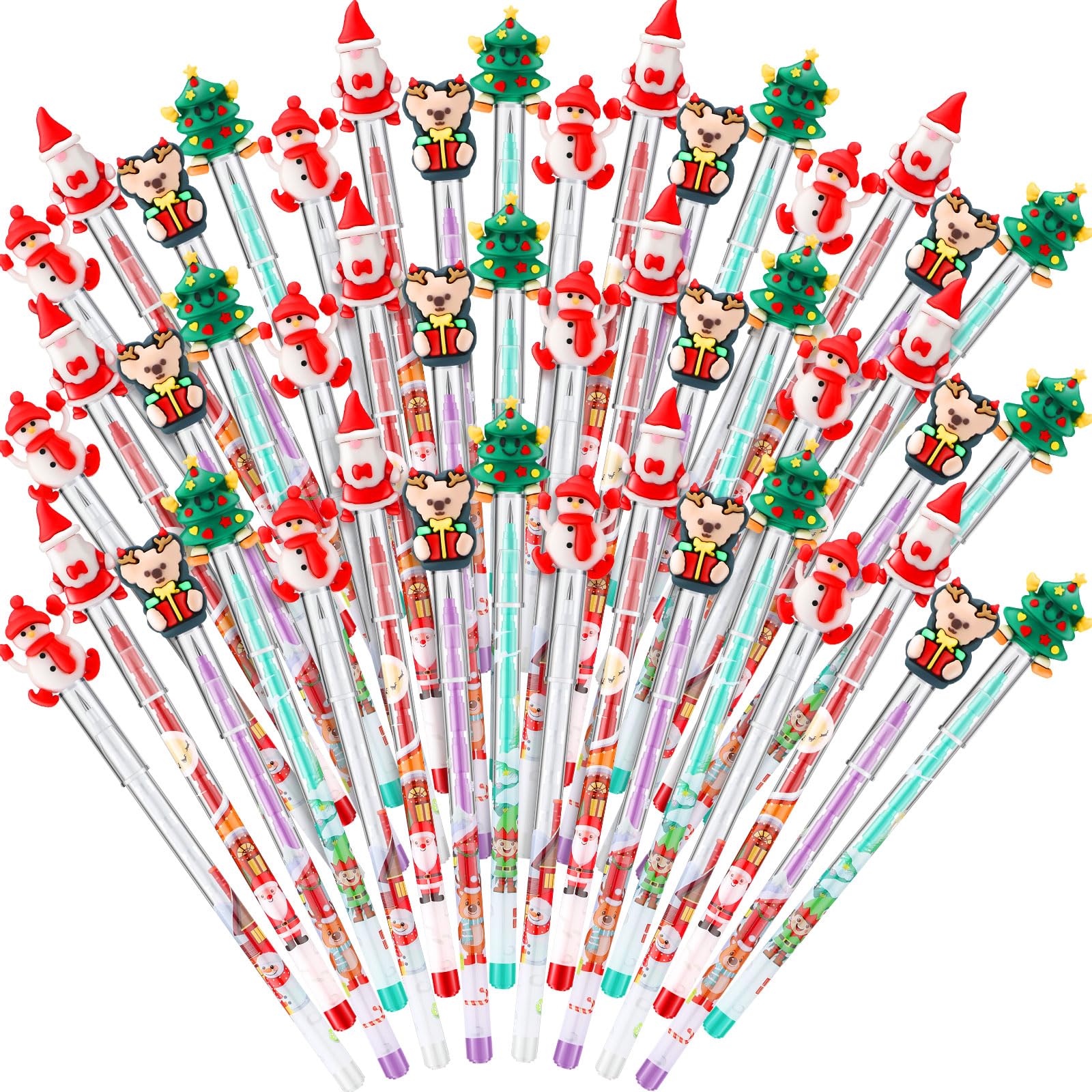 Yexiya Christmas Multi Point Stackable Push Pencil, 4 Styles Christmas Pencils Bulk With Xmas Tree Santa Snowman Reindeer Topper
