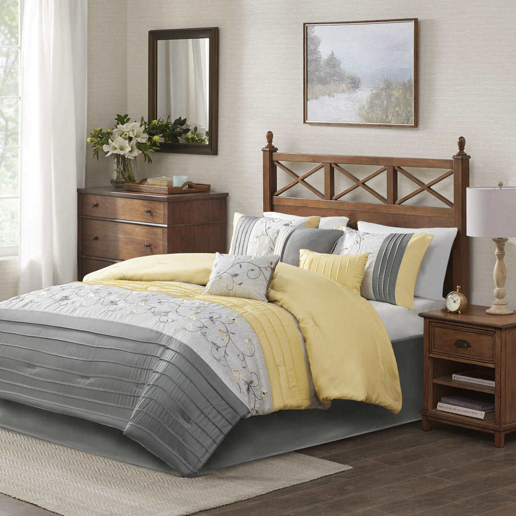 Madison Park Serene Faux Silk Comforter Set - Floral Embroidery Design, All Season Bedding Set, Matching Bed Skirt, Decorative Pillows, Yellow Cal King(104'X92') 7 Piece